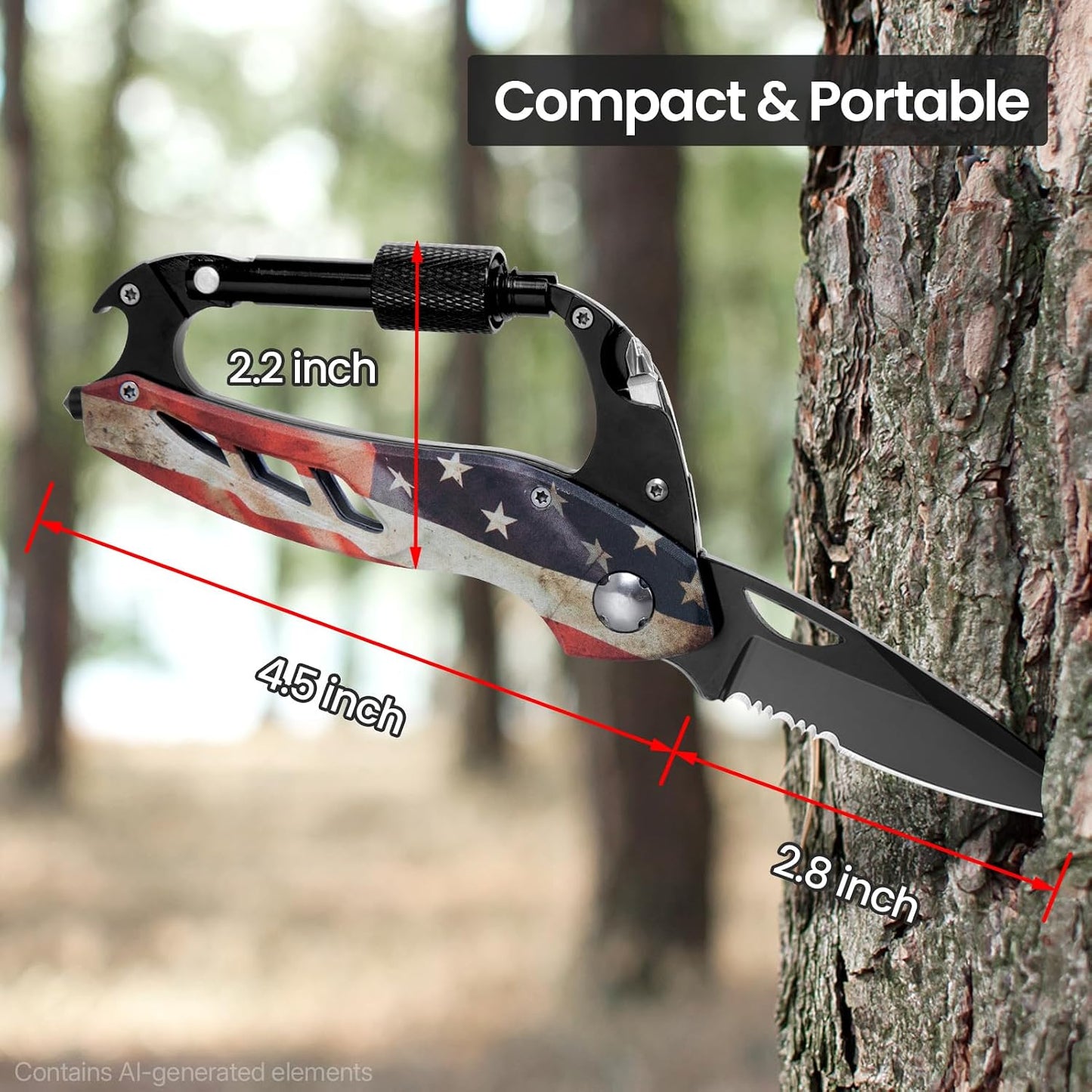 Multitool Carabiner Knife Tools for Men, Bottle Opener | Cool Gadgets Gear with Folding Knives, Window Breaker and Screwdriver for Hiking Camping, 7-In-1 Edc Multi Tool (Usa Flag)