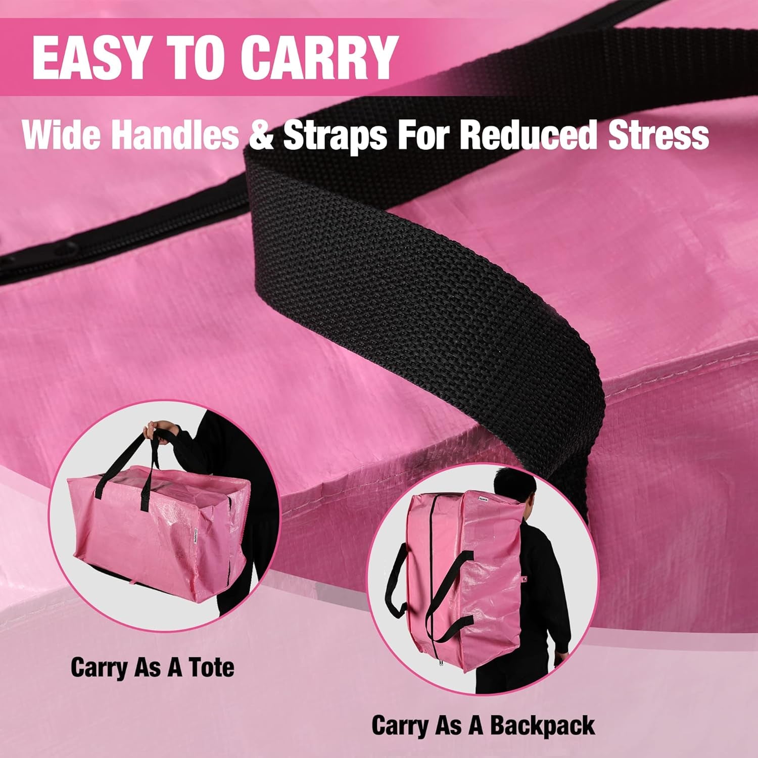 6 Pack Extra Large Moving Bags with Zippers & Carrying Handles Backpack Straps, Heavy-Duty Storage Tote for Space Saving Moving Storage (Pink)