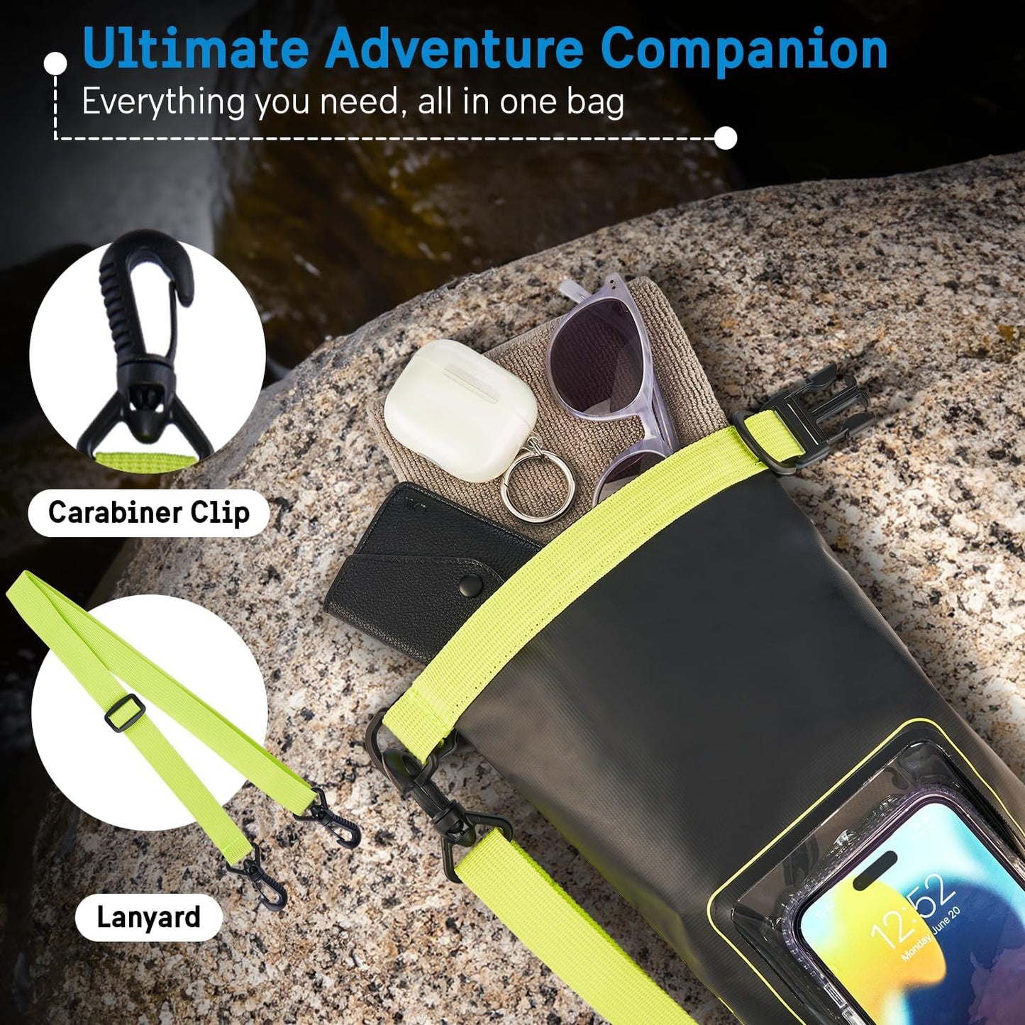 Pelican Marine IP68 Waterproof Dry Bag 2L W/Phone Pouch/Case - Black/Yellow | Roll Top Waterproof Backpack with Touchscreen Phone Pouch - Swimming, Kayaking, Camping, Rafting, Fishing & Travel Essentials