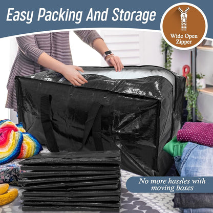 12 Pack Extra Heavy Duty Large Moving Bags with Strong Zipper & Comfortable Handles, Sturdy & Durable Clothes Storage Bags Totes Bins, Packing Moving Boxes for College Supplies, Black