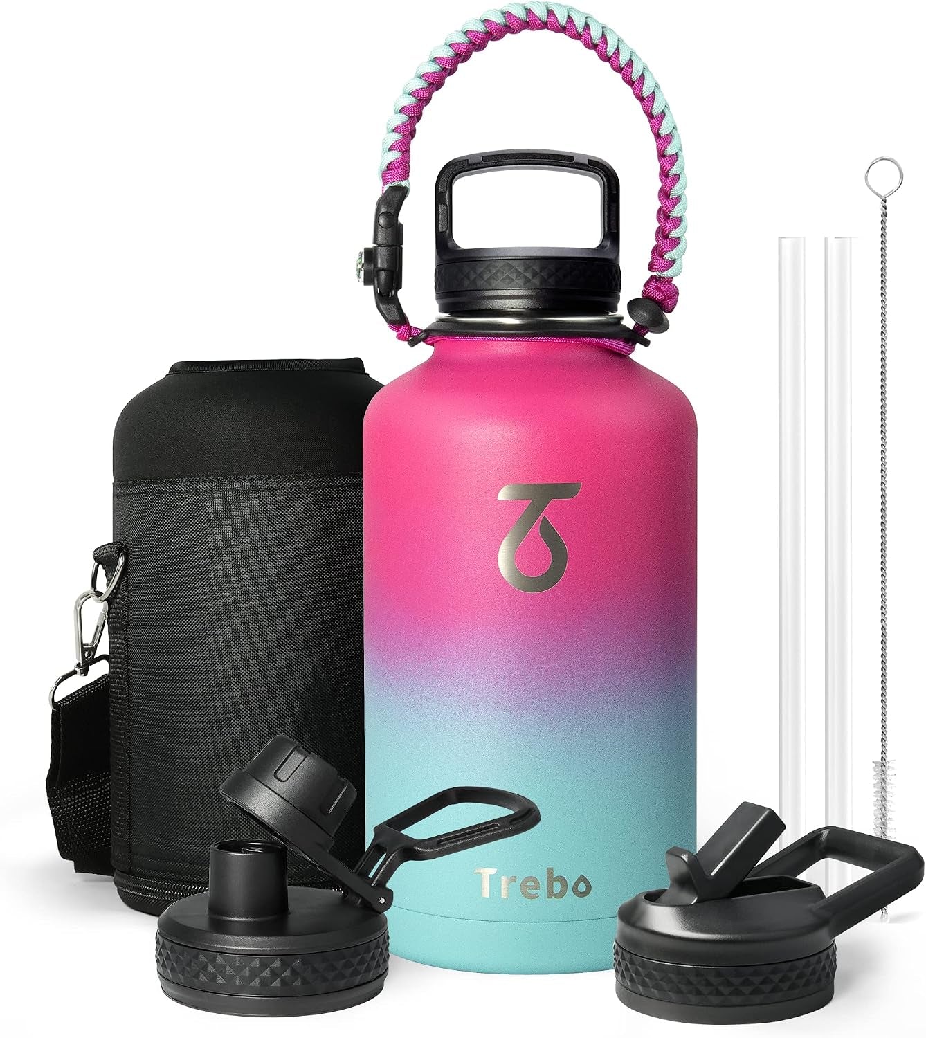 Insulated Water Bottle 64 Oz, Half Gallon Metal Vacuum Water Jug with Paracord Handle and 3 Lids, Leakproof Bpa-Free Flask for Gym Sports Hiking Travel, Keep Cold 48 Hours, Rose Red