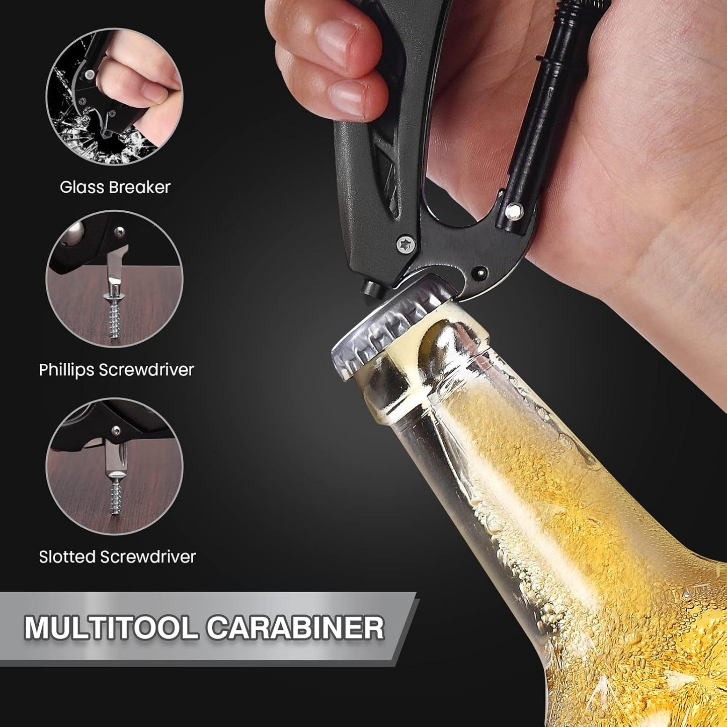 Multitool Carabiner with Pocket Knife, Bottle Opener | Stocking Stuffers Gifts for Men, EDC Carabiners with Folding Knives, Window Breaker and Screwdriver, Gear for Camping Hiking