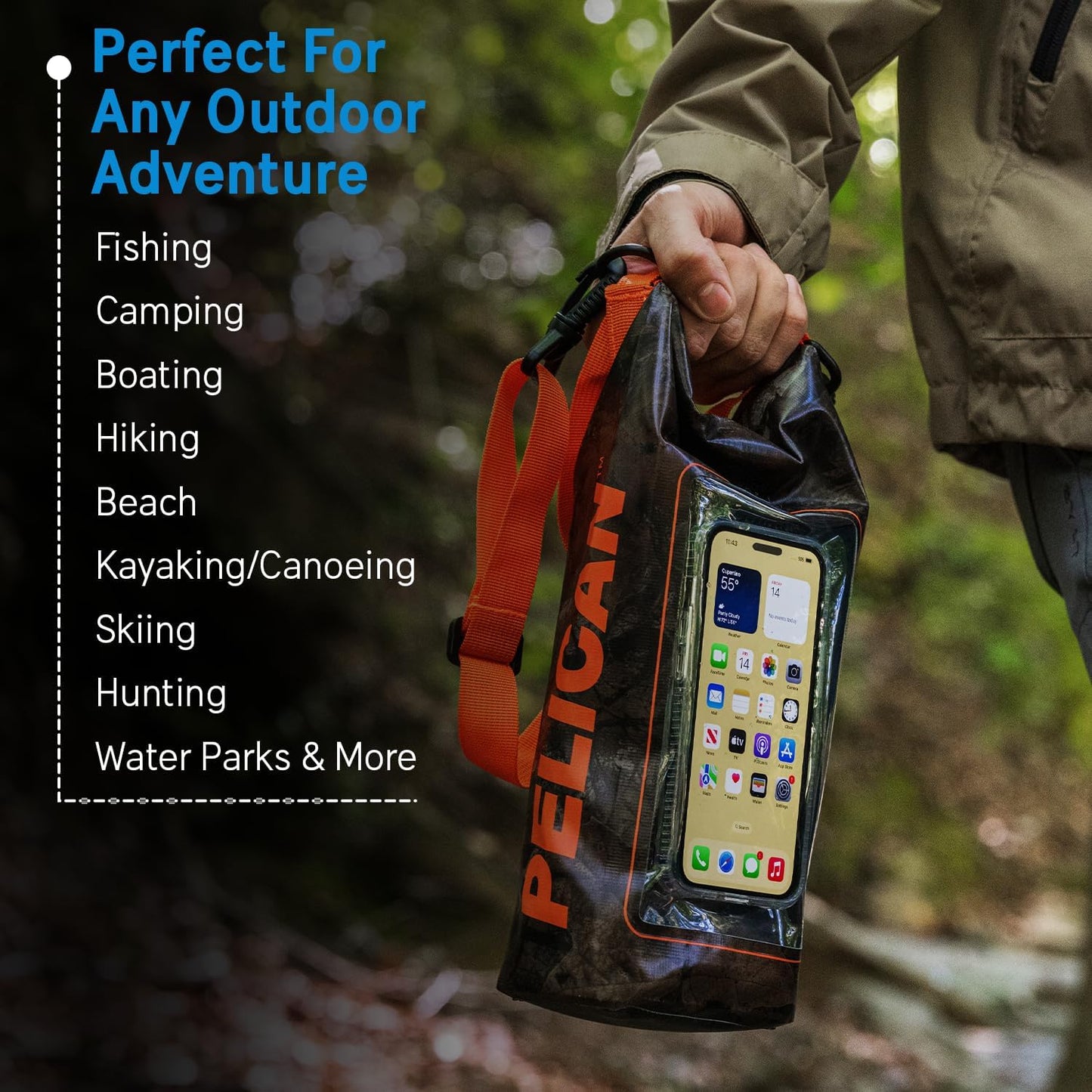 Pelican Marine IP68 Waterproof Dry Bag 2L W/Phone Pouch/Case - Hunter Camo | Roll Top Waterproof Backpack with Touchscreen Phone Pouch - Swimming, Kayaking, Camping, Rafting, Fishing & Travel Essentials