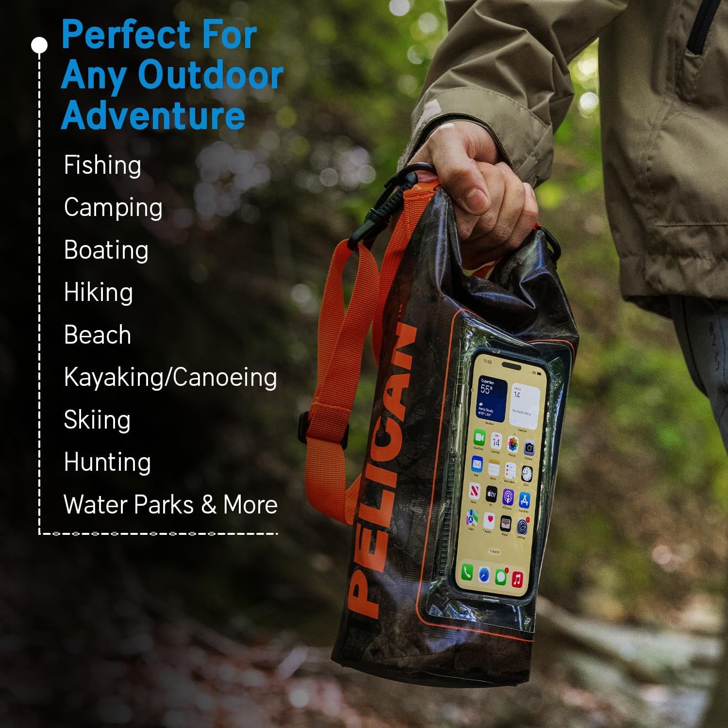 Pelican Marine IP68 Waterproof Dry Bag 2L W/Phone Pouch/Case - Hunter Camo | Roll Top Waterproof Backpack with Touchscreen Phone Pouch - Swimming, Kayaking, Camping, Rafting, Fishing & Travel Essentials