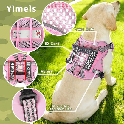 Service Dog Tactical Vest Harness and Leash Set Large Sized Dog Emotional Support- Tactical Dog Harness Training Collar with Name (Pink, L)