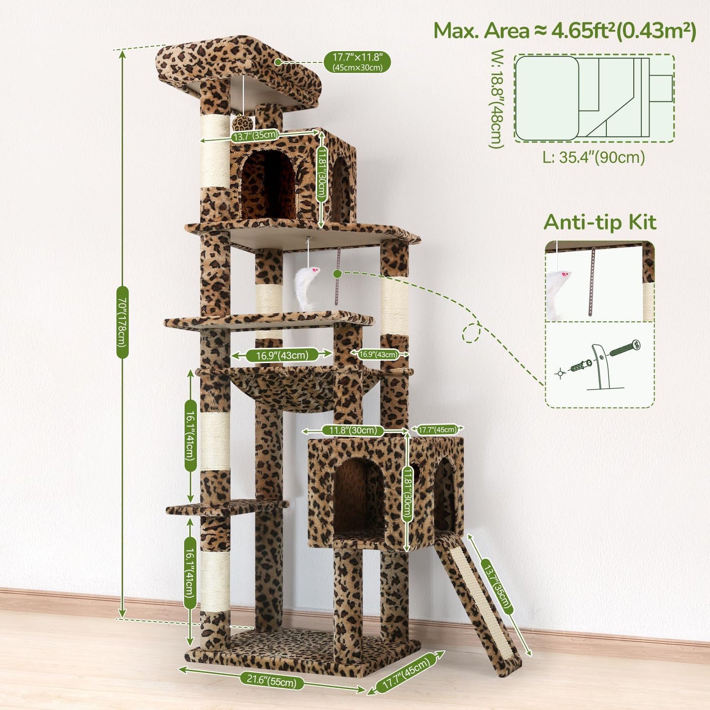 Heavy Duty Leopard Cat Tree, 70In Sturdy Cat Tree for Indoor Cats Sturdy Large Cat Tower with Scratching Post & Board, Hammock, 2 Cat Condo for Adult Cats Kittens, F70 Pro, Leopard Print