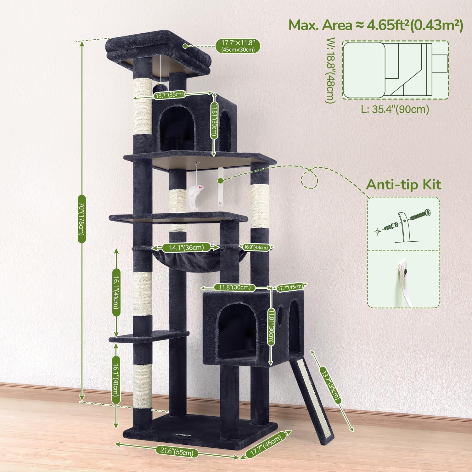 Heavy Duty Cat Tree, 70 Inch Sturdy Cat Tree for Indoor Cats Extra Large Cat Tower with Scratching Post, Hammock, Cat Condo for Adult Cats Kittens, F70 Pro, Dark Grey