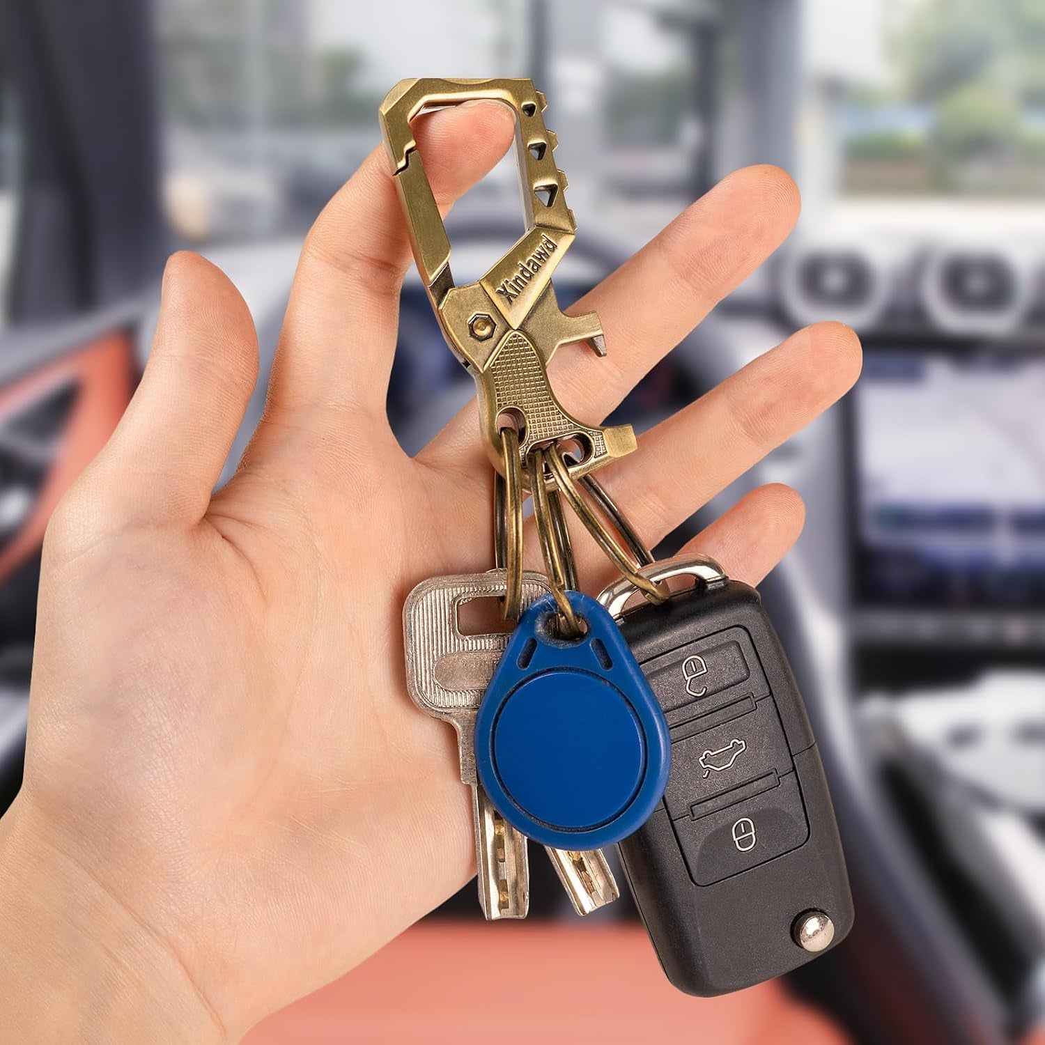 Heavy Duty Metal Keychains, Carabiner Clip Keychain with Bottle Opener, 3 Key Rings for Car Keys, Family Present for Men and Women(Bronze-2Pcs)