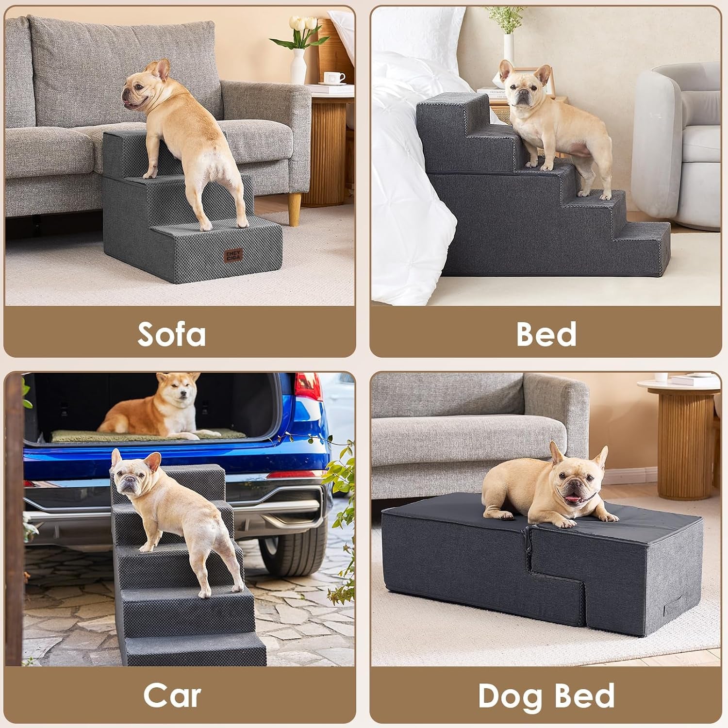 Dog Stairs for High Bed 25" H, 5-Step Extra Wide Dog Steps for Bed, Pet Steps for Small Dogs and Cats, Non-Slip Balanced Pet Ramp Indoor, Grey