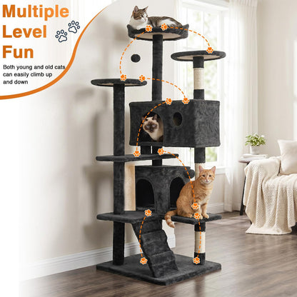 | 54" Cat Tree Tower | Dark Gray | Multi-Level Indoor Activity Center with Sisal Scratching Posts, Condos, Plush Perches, Hanging Cat Toys | Sturdy, Easy to Assemble | for Kittens & Adult Cats