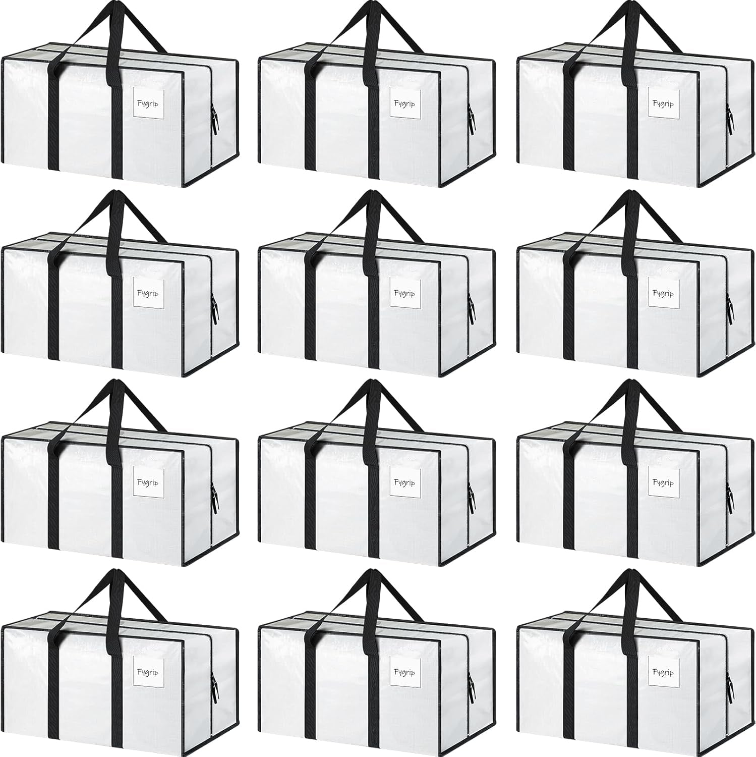 12 Pack Extra Heavy Duty Large Moving Bags with Strong Zipper & Comfortable Handles, Sturdy & Durable Clothes Storage Bags Totes Bins, Packing Moving Boxes for College Supplies, White