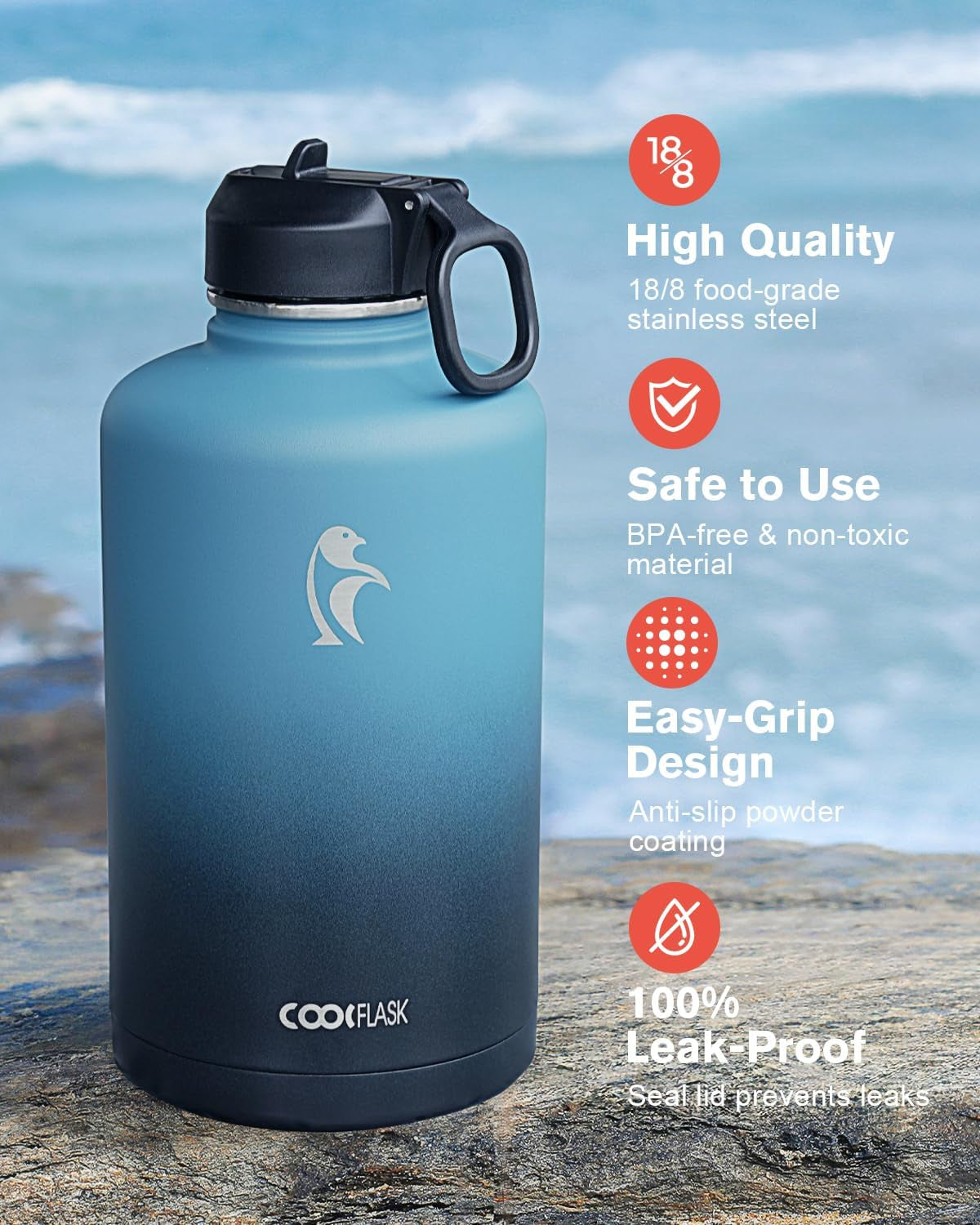 Water Bottle 87 Oz with Straw, 2/3 Gallon Insulated Stainless Steel Large 3 Lids Big Water Jug for Sports or Office, Non-Bpa Keep Cold up to 48 Hrs or Hot up to 24 Hrs, Samurai Cyan