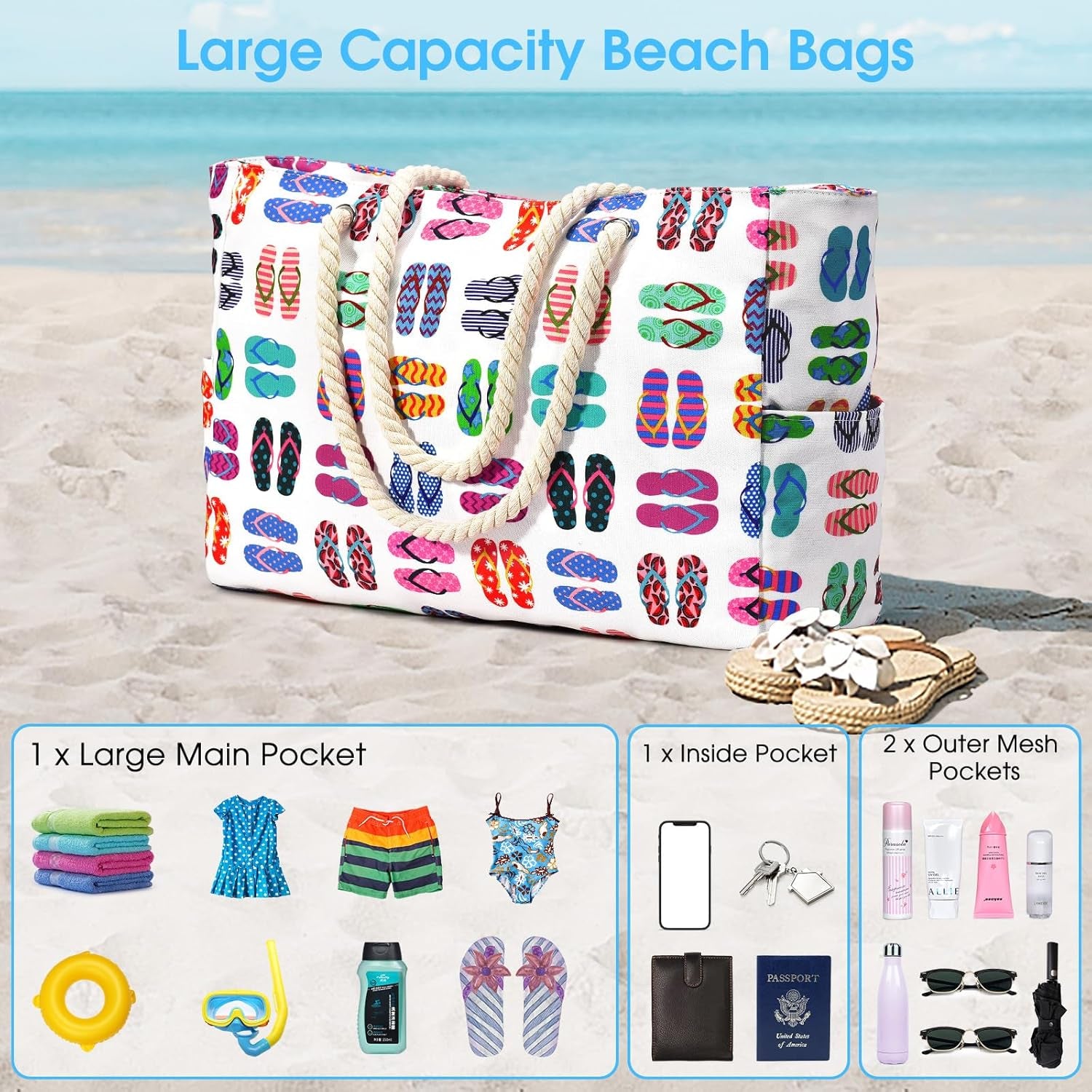 Beach Bags for Women Large Waterproof Beach Tote Bag Zipper Beach Bags Waterproof Sandproof Swim Pool Bag Large Tote