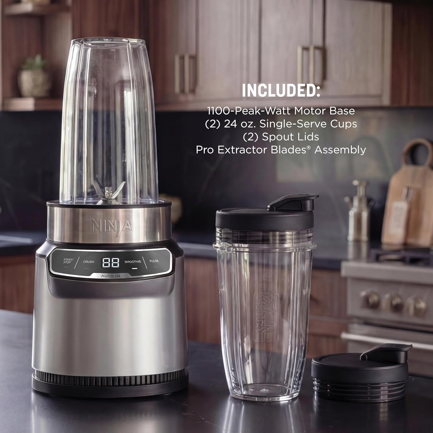 Ninja Nutri-Blender Pro with Auto Iq, 1100PW, (2) 24Oz Cups, BN401 | 1100-Peak-Watt Motor + 2 Auto-Iq Programs for Smoothies, Salsa & Dips. (2) 24-Oz To-Go Cups. Dishwasher Safe.
