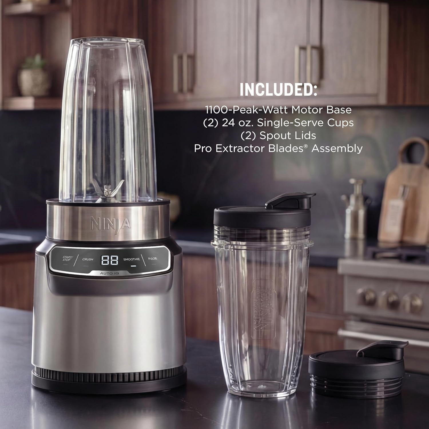 Ninja Nutri-Blender Pro with Auto Iq, 1100PW, (2) 24Oz Cups, BN401 | 1100-Peak-Watt Motor + 2 Auto-Iq Programs for Smoothies, Salsa & Dips. (2) 24-Oz To-Go Cups. Dishwasher Safe.