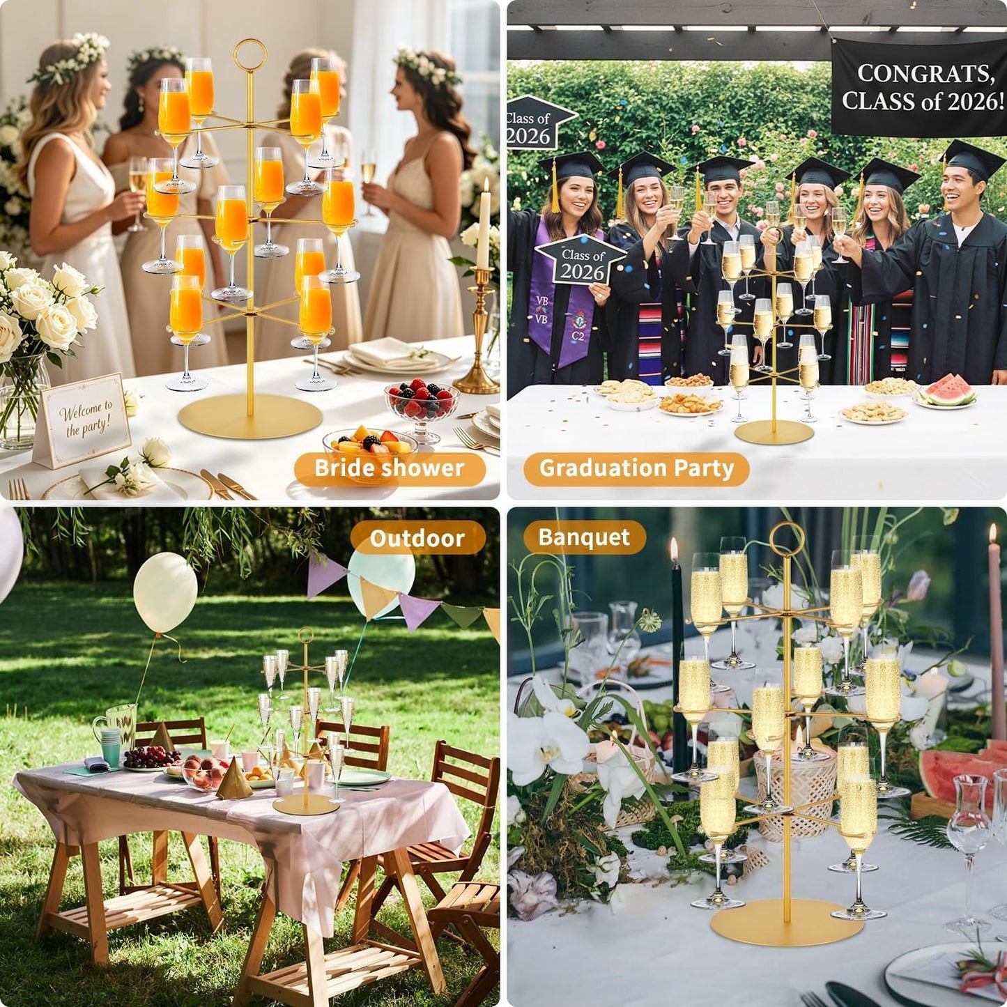 Elevate Your Celebrations with the Stunning Champagne Tower - 3 Tier Metal Cocktail Stand for 12 Glasses - Perfect for Weddings, Parties, and Events!
