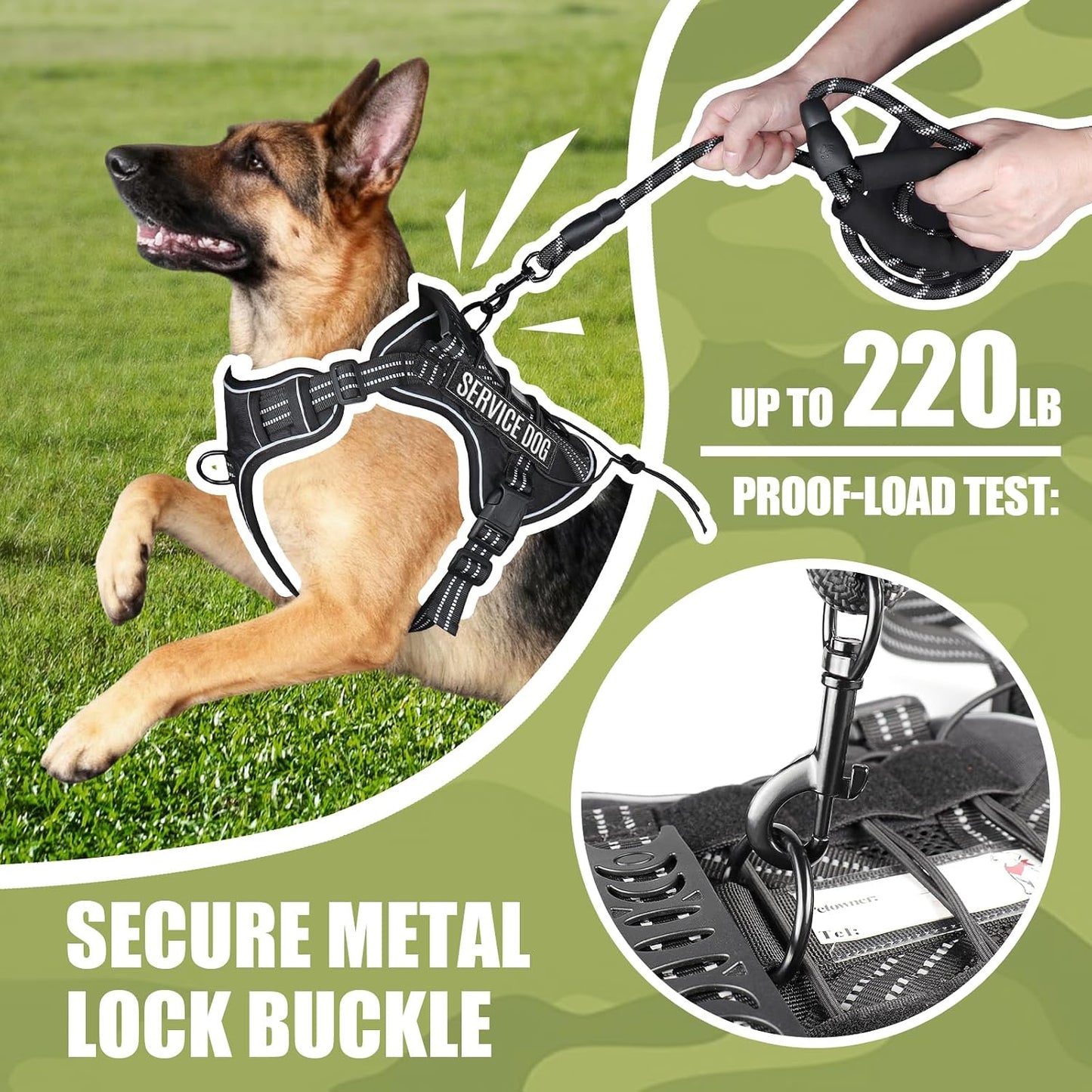 Service Dog Tactical Vest Harness and Leash Set Large Sized Dog Emotional Support- Tactical Dog Harness Training Collar with Name (Black, L)