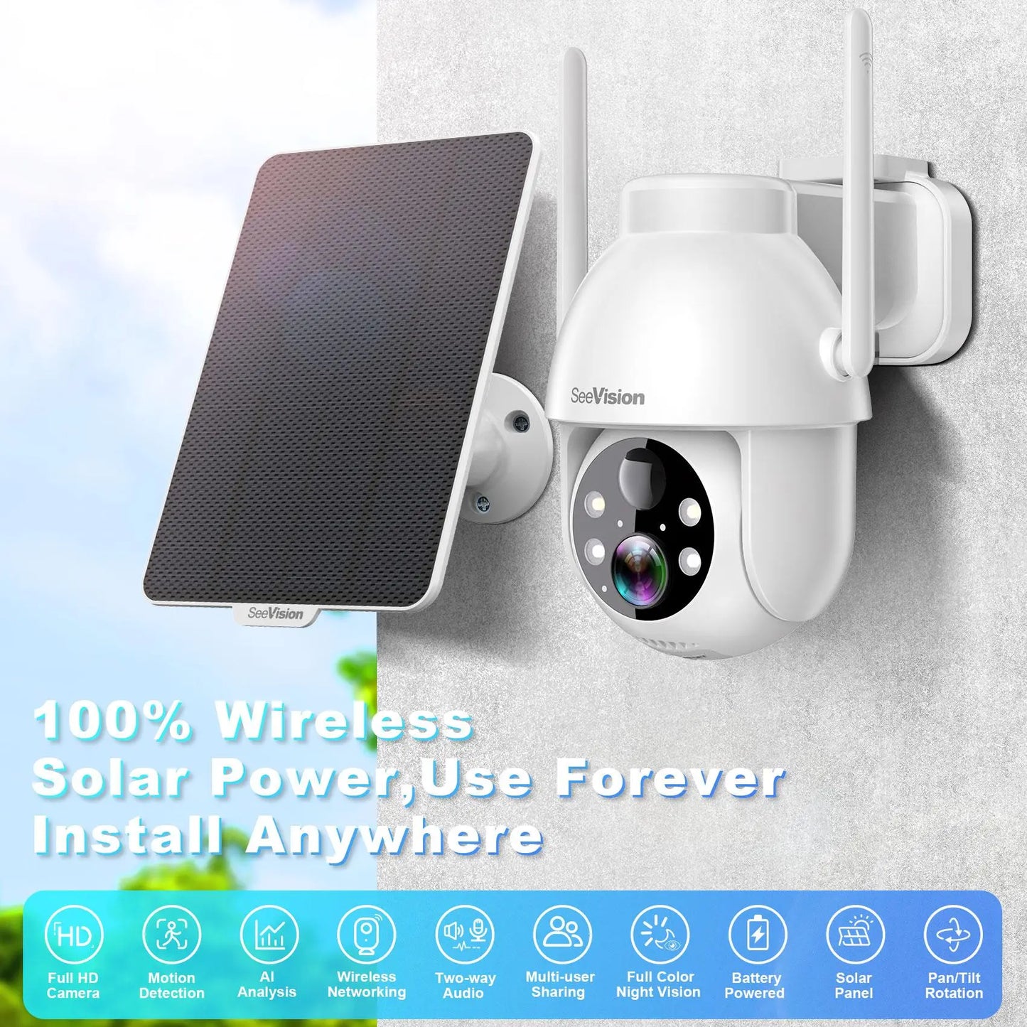 Seevision Solar WIFI Security Camera with Spotlight, 1080P HD Clear Picture,Pir Motion Detection, Color Night Vision, Waterproof Black White Security Camera