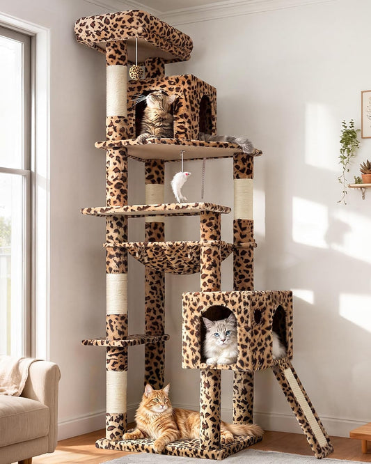 Heavy Duty Leopard Cat Tree, 70In Sturdy Cat Tree for Indoor Cats Sturdy Large Cat Tower with Scratching Post & Board, Hammock, 2 Cat Condo for Adult Cats Kittens, F70 Pro, Leopard Print