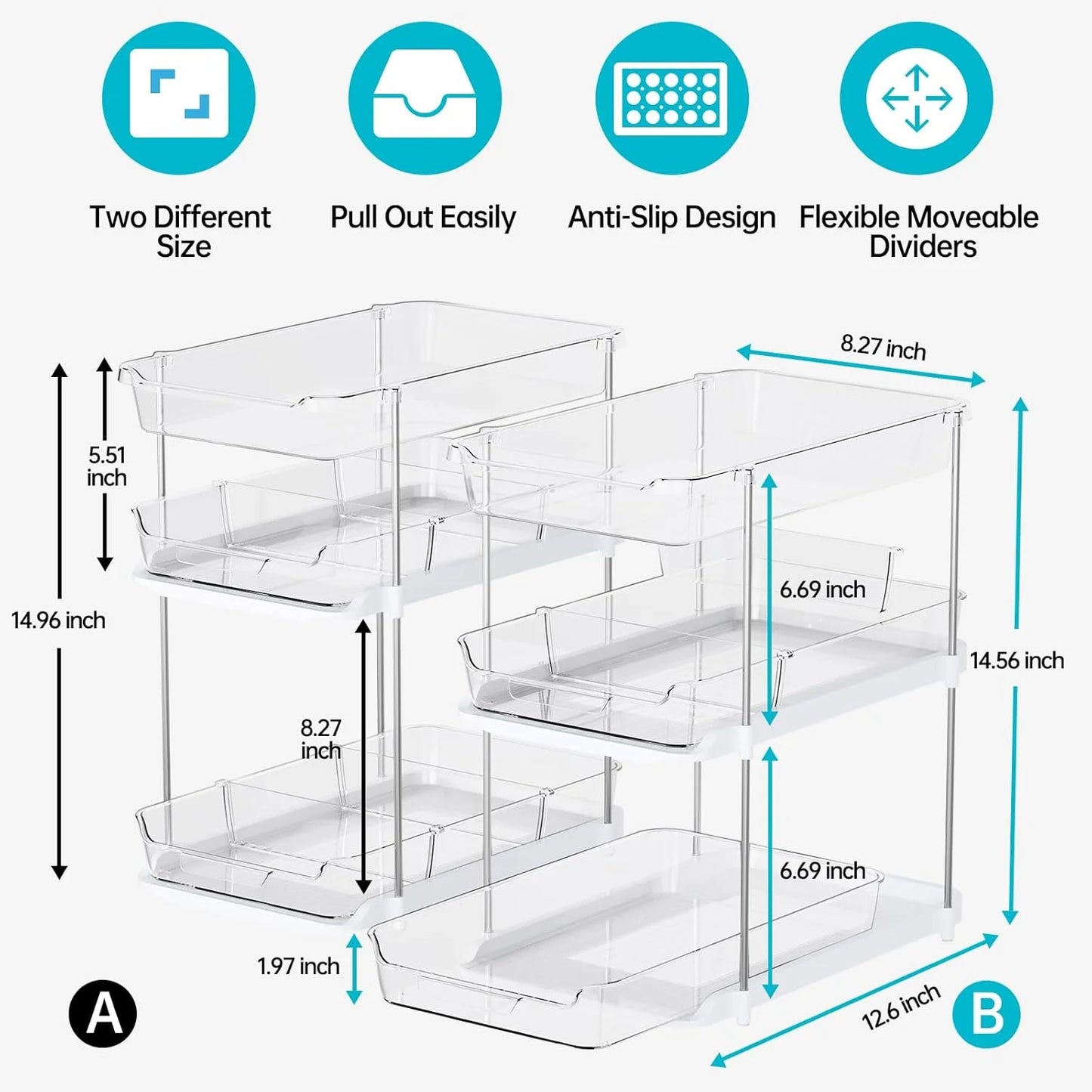2-Pack 3-Tier Pull-Out under Sink Organizer, Stackable Sliding Storage Shelves for Bathroom Kitchen Pantry, White