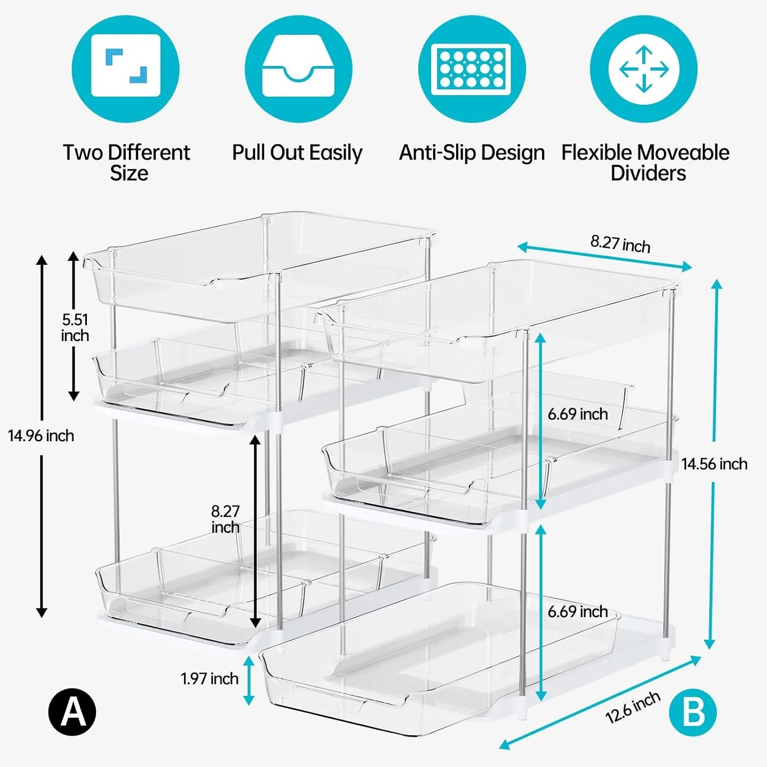 2-Pack 3-Tier Pull-Out under Sink Organizer, Stackable Sliding Storage Shelves for Bathroom Kitchen Pantry, White