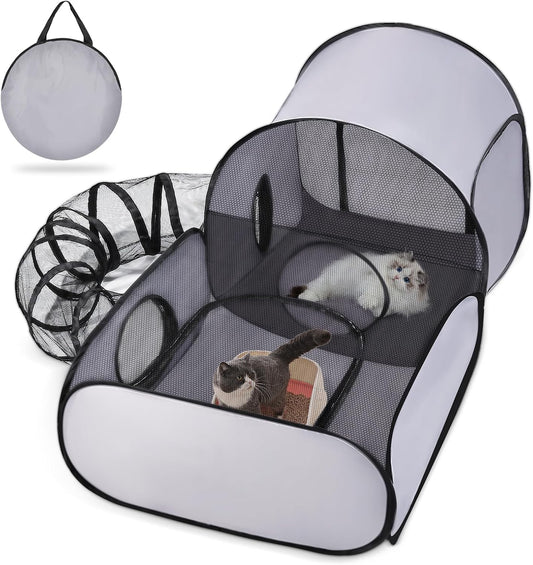 Dog Playpen with Surround Tunnel, Outdoor/Indoor Cat Playpen with Breathable Soft Sides， Cat Enclosure Tent for Small Animals, Portable Cat Tent with Carry Bag (Large)