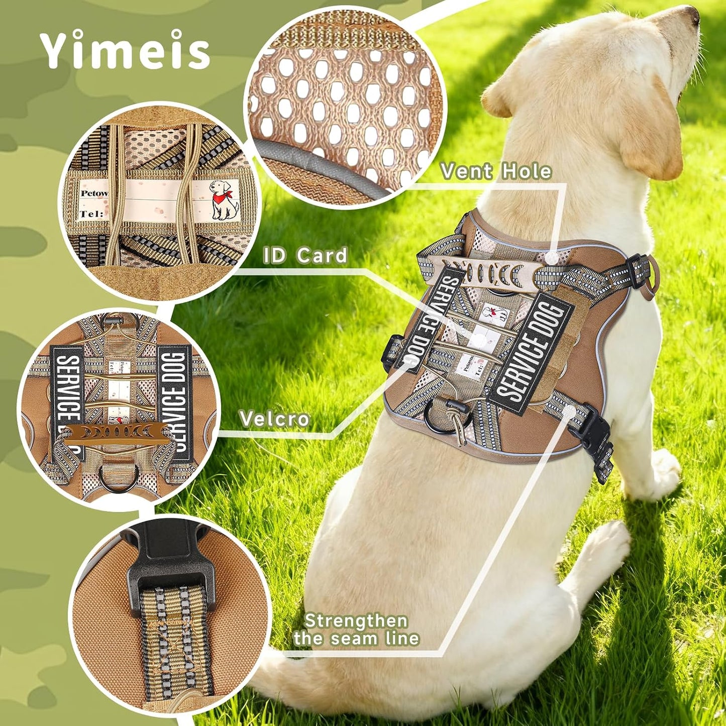 Service Dog Tactical Vest Harness and Leash Set Large Sized Dog Emotional Support- Tactical Dog Harness Training Collar with Name (Khaki, L)