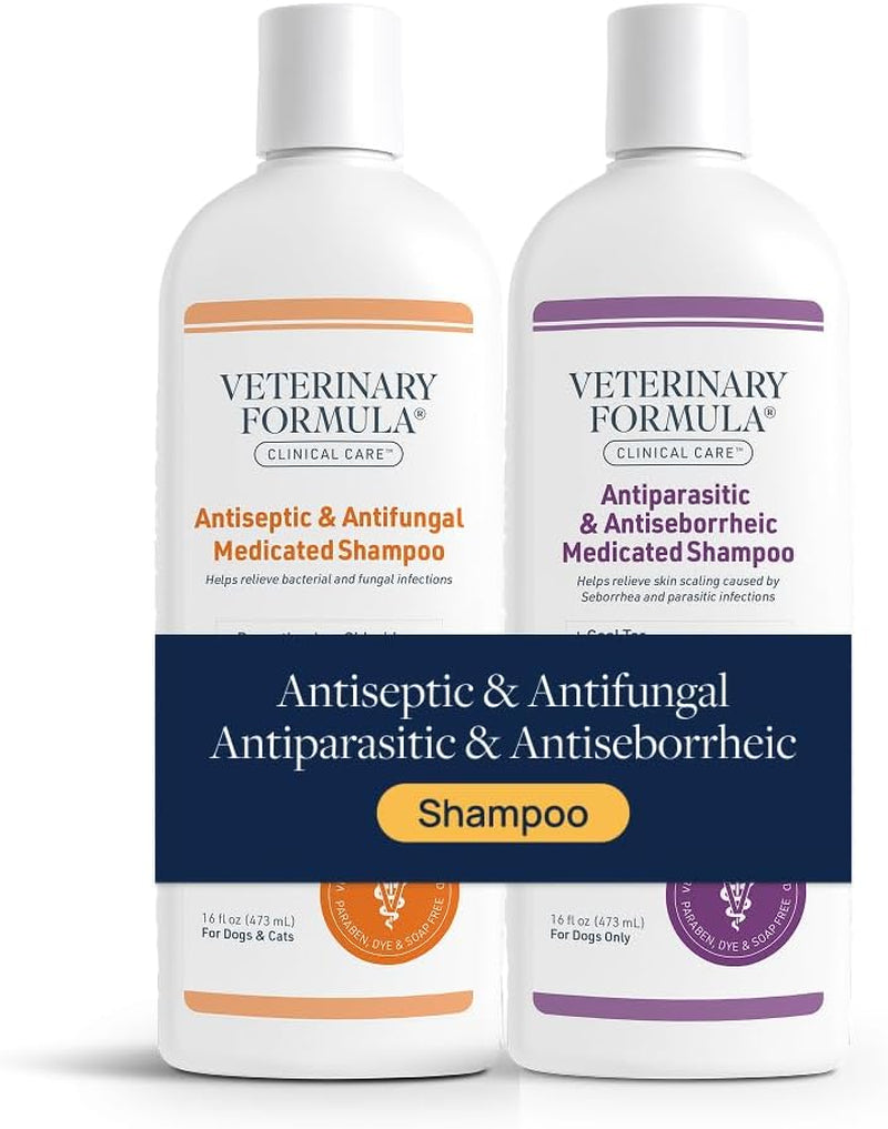 Clinical Care Antiseptic and Antifungal Shampoo plus Antiparasitic and Antiseborrheic Shampoo for Dogs Bundle, Help Support Itchy Flaky or Oily Skin, 2 Pack 16 Fl Oz Each