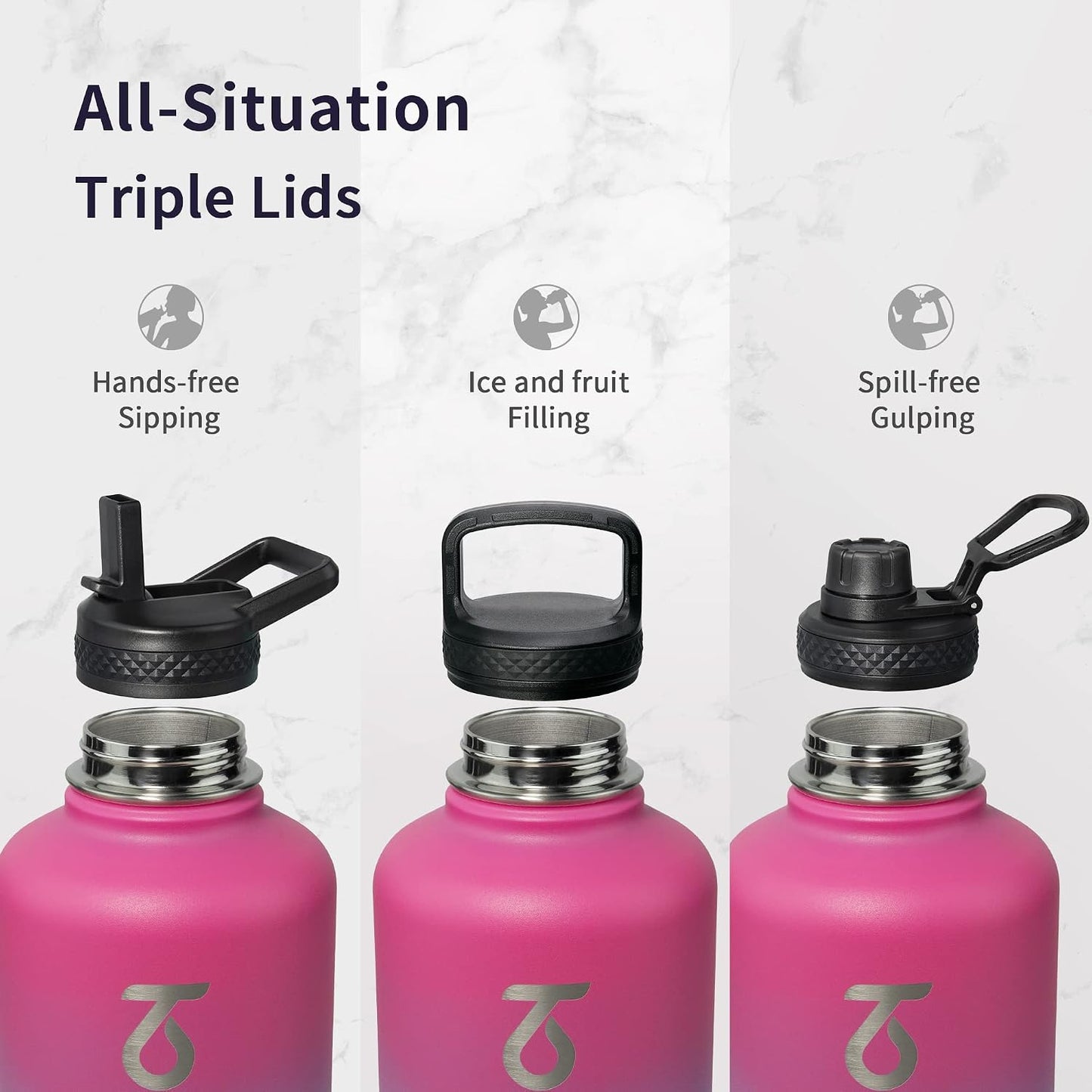 Insulated Water Bottle 64 Oz, Half Gallon Metal Vacuum Water Jug with Paracord Handle and 3 Lids, Leakproof Bpa-Free Flask for Gym Sports Hiking Travel, Keep Cold 48 Hours, Rose Red