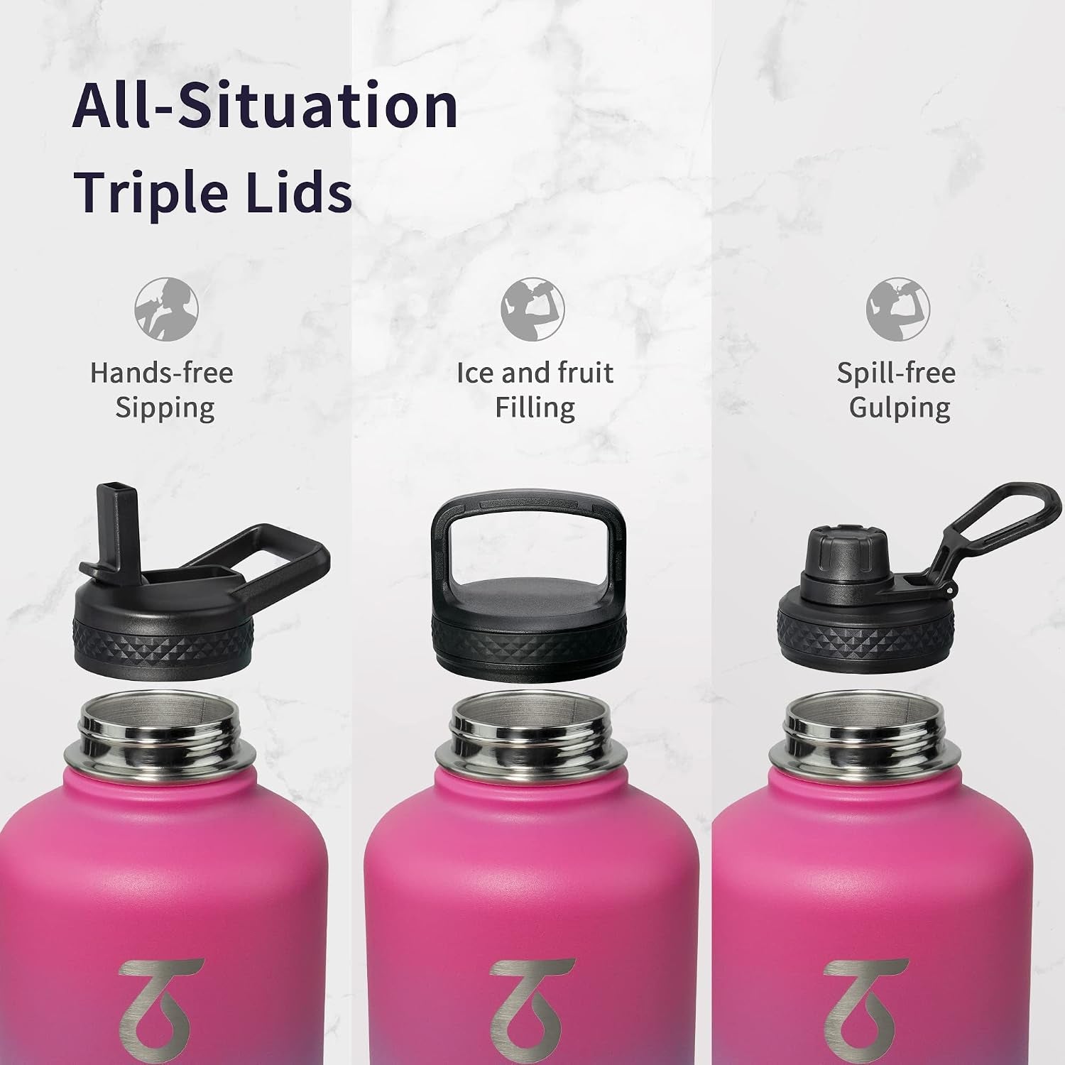 Insulated Water Bottle 64 Oz, Half Gallon Metal Vacuum Water Jug with Paracord Handle and 3 Lids, Leakproof Bpa-Free Flask for Gym Sports Hiking Travel, Keep Cold 48 Hours, Rose Red