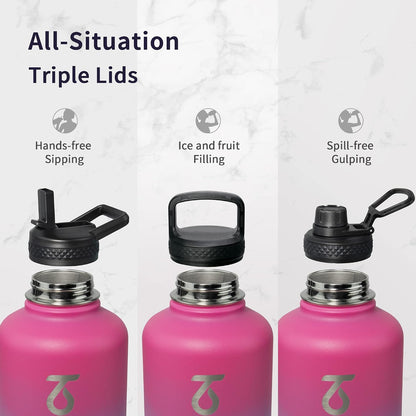 Insulated Water Bottle 64 Oz, Half Gallon Metal Vacuum Water Jug with Paracord Handle and 3 Lids, Leakproof Bpa-Free Flask for Gym Sports Hiking Travel, Keep Cold 48 Hours, Rose Red