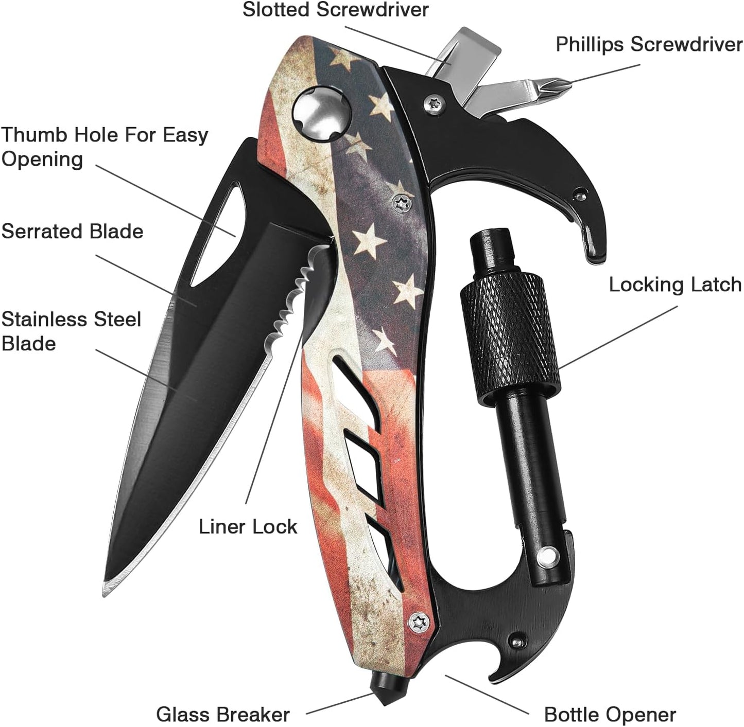 Multitool Carabiner Knife Tools for Men, Bottle Opener | Cool Gadgets Gear with Folding Knives, Window Breaker and Screwdriver for Hiking Camping, 7-In-1 Edc Multi Tool (Usa Flag)