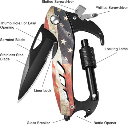 Multitool Carabiner Knife Tools for Men, Bottle Opener | Cool Gadgets Gear with Folding Knives, Window Breaker and Screwdriver for Hiking Camping, 7-In-1 Edc Multi Tool (Usa Flag)