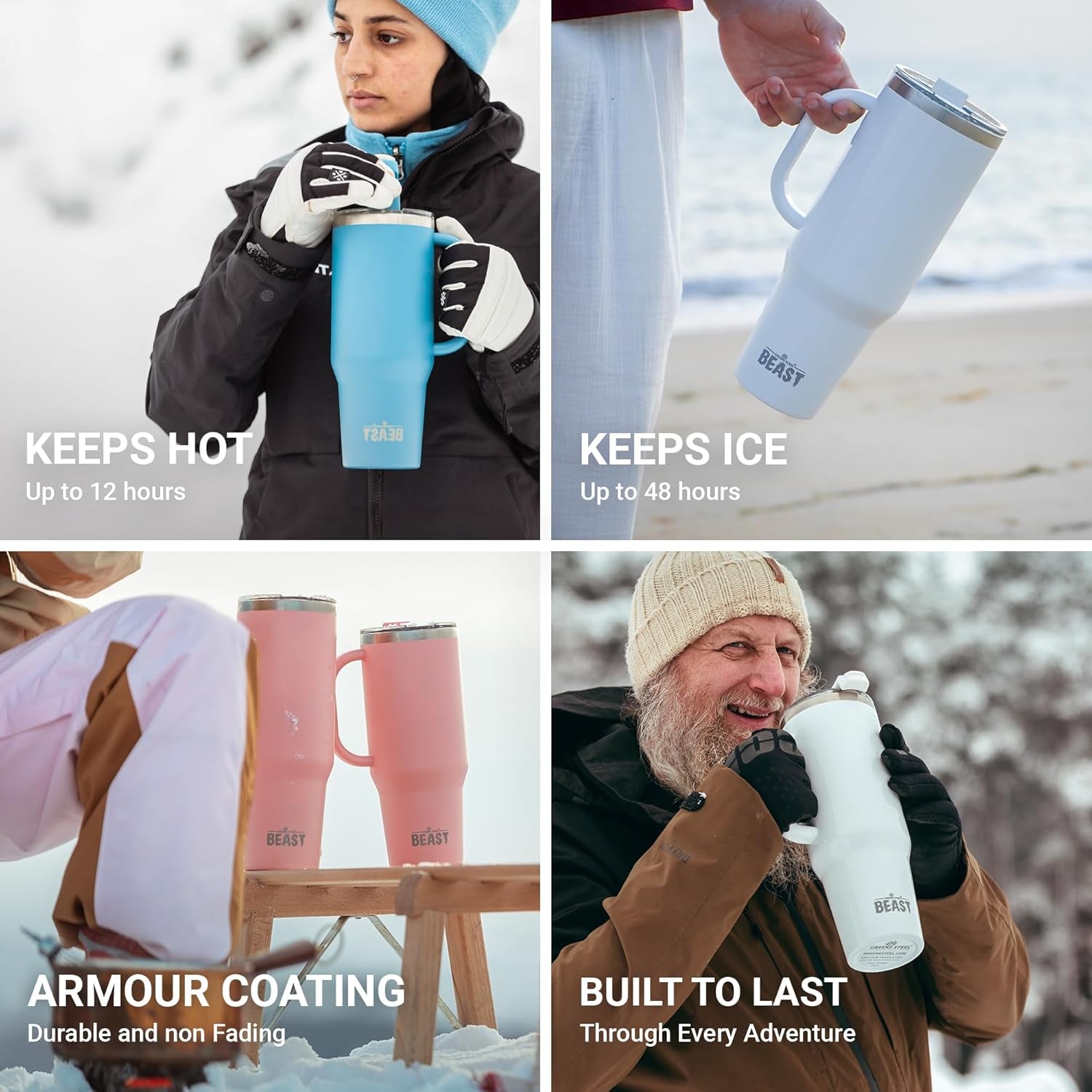 Beast 42 Oz Tumbler with Handle Stainless Steel Vacuum Insulated Coffee Ice Cup Double Wall Travel Flask (Arctic White)