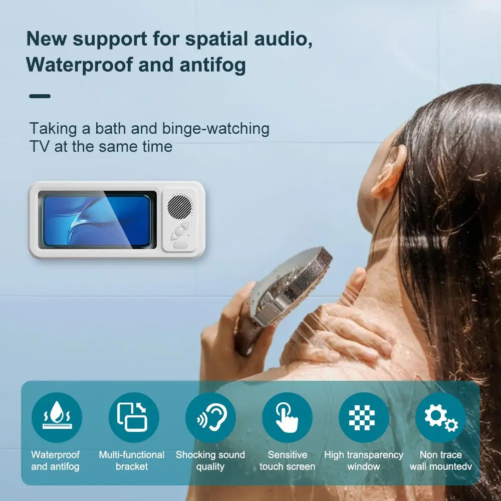 Mobile Phone Waterproof Box with Bluetooth Speaker, 360° Rotating Touch Screen Shower Phone Holder, Phone Mount Holder, Multifunctional Phone Stand, Waterproof Cellphone Stand for Bathroom, Kitchen, Sink and Swimming Pool #GLOBAL PICKS