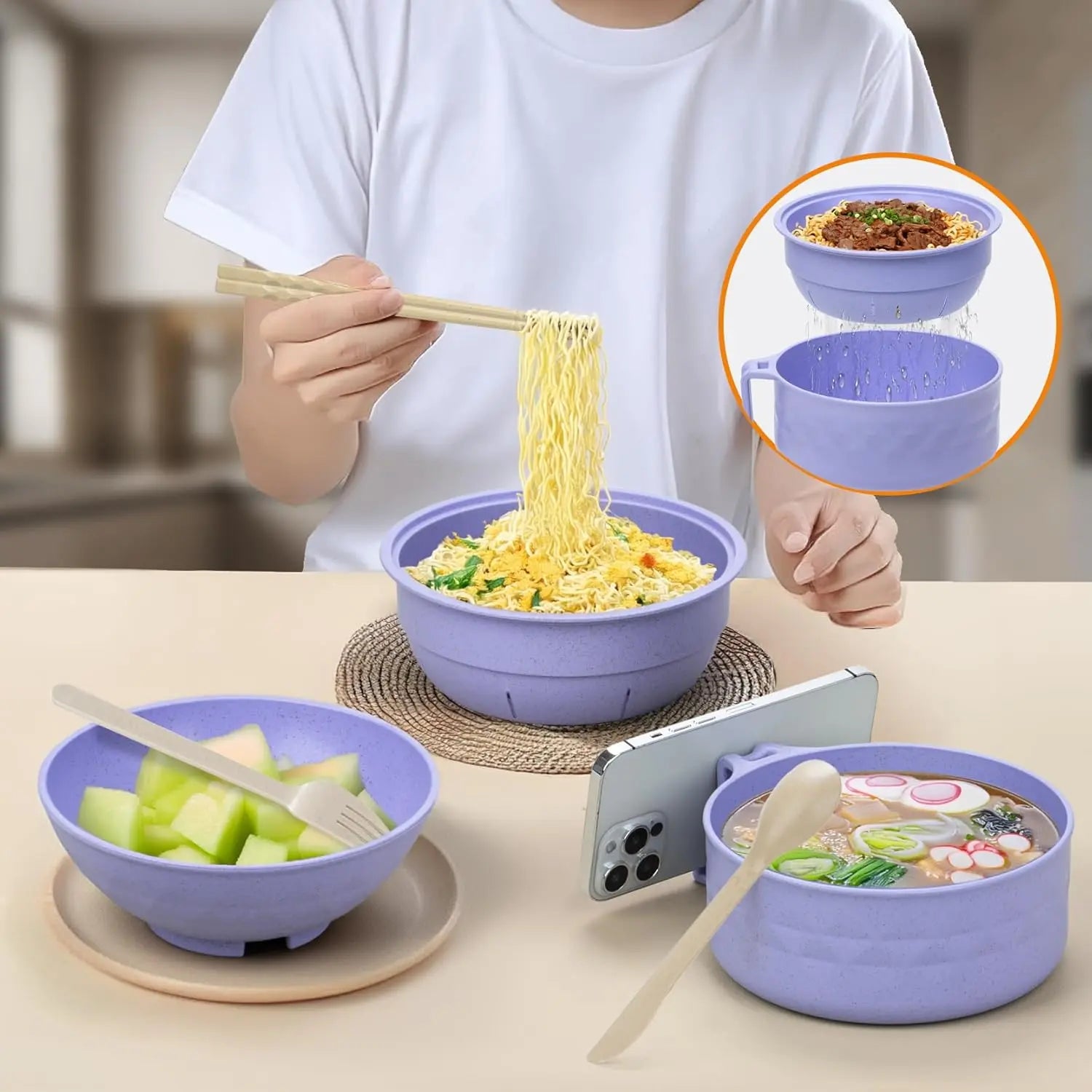 Ramen Bowl Set, Plastic Bowls with Lids, 1/2-Pack Geometric Microwave-Safe Instant Noodle Bowl with Lid and Tableware Kit, Durable Lunch Box for Students #GLOBAL PICKS