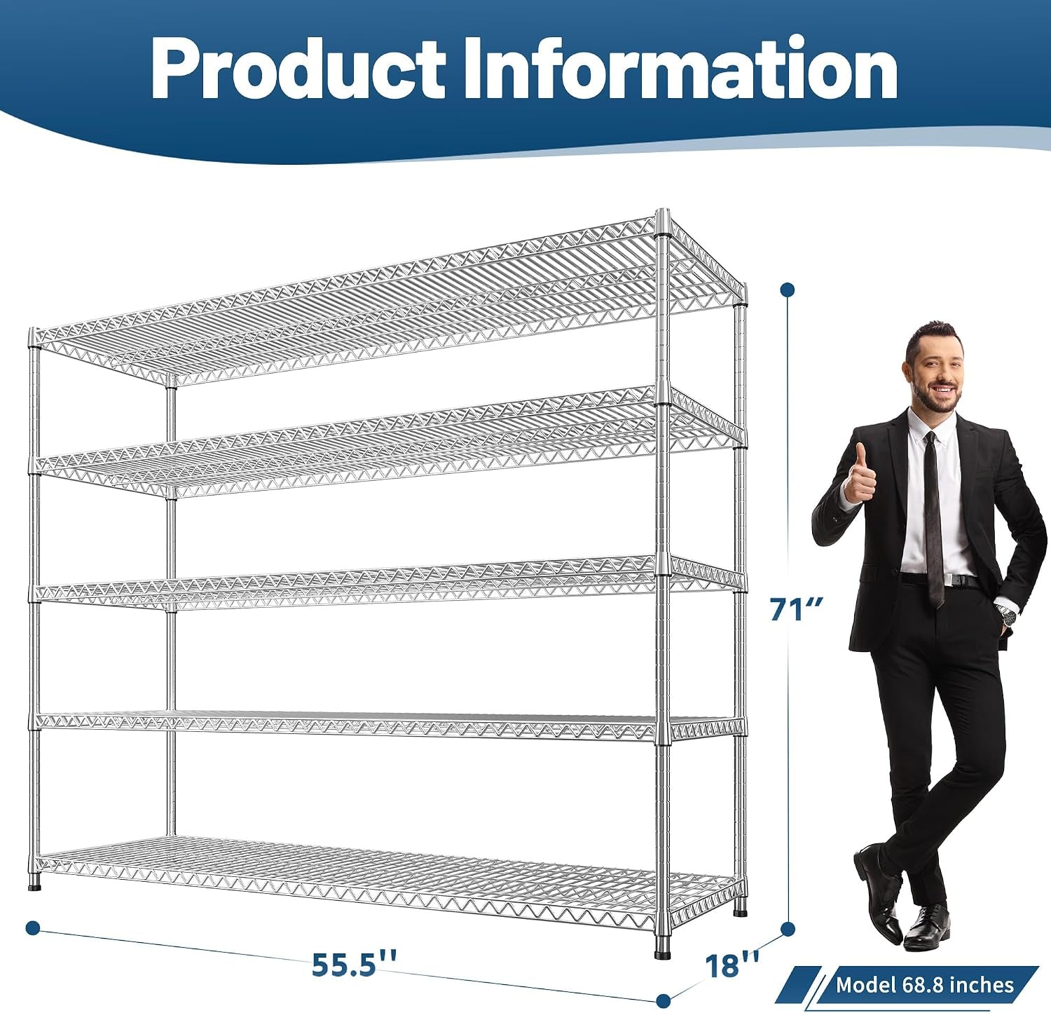 55.5" W Storage Shelves 3200LBS Metal Shelving 5 Tier Wire Shelving Garage Shelving Heavy Duty Metal Shelves for Shelving Unit Commercial Adjustable Shelf, 55.5" W X 18''D X 71" H，Chrome,2P