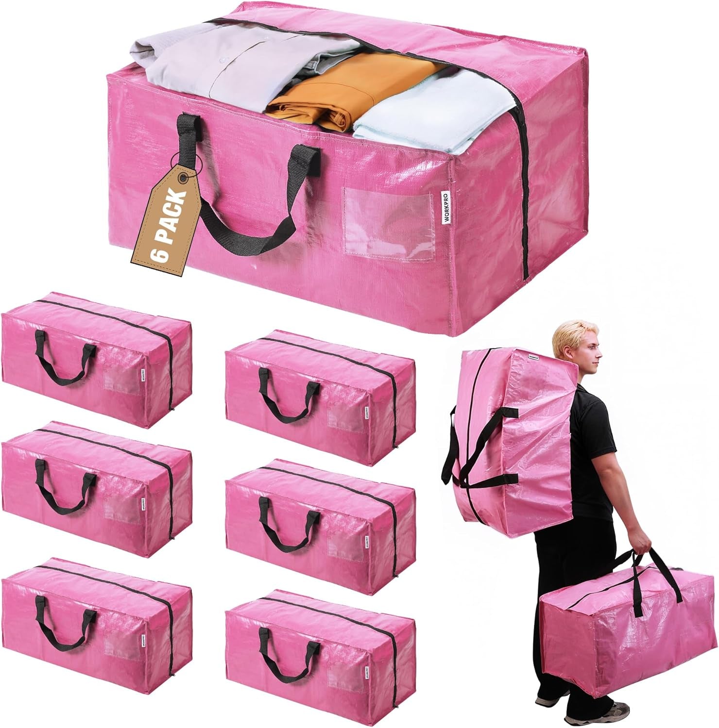 6 Pack Extra Large Moving Bags with Zippers & Carrying Handles Backpack Straps, Heavy-Duty Storage Tote for Space Saving Moving Storage (Pink)