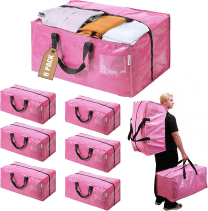 6 Pack Extra Large Moving Bags with Zippers & Carrying Handles Backpack Straps, Heavy-Duty Storage Tote for Space Saving Moving Storage (Pink)