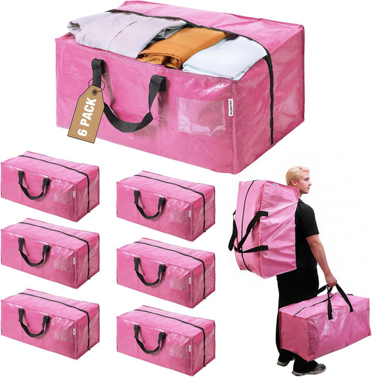 6 Pack Extra Large Moving Bags with Zippers & Carrying Handles Backpack Straps, Heavy-Duty Storage Tote for Space Saving Moving Storage (Pink)