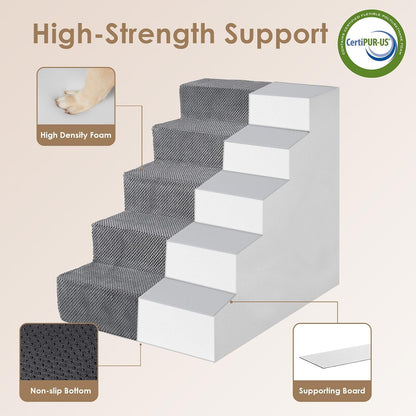 Dog Stairs for High Bed 25" H, 5-Step Extra Wide Dog Steps for Bed, Pet Steps for Small Dogs and Cats, Non-Slip Balanced Pet Ramp Indoor, Grey