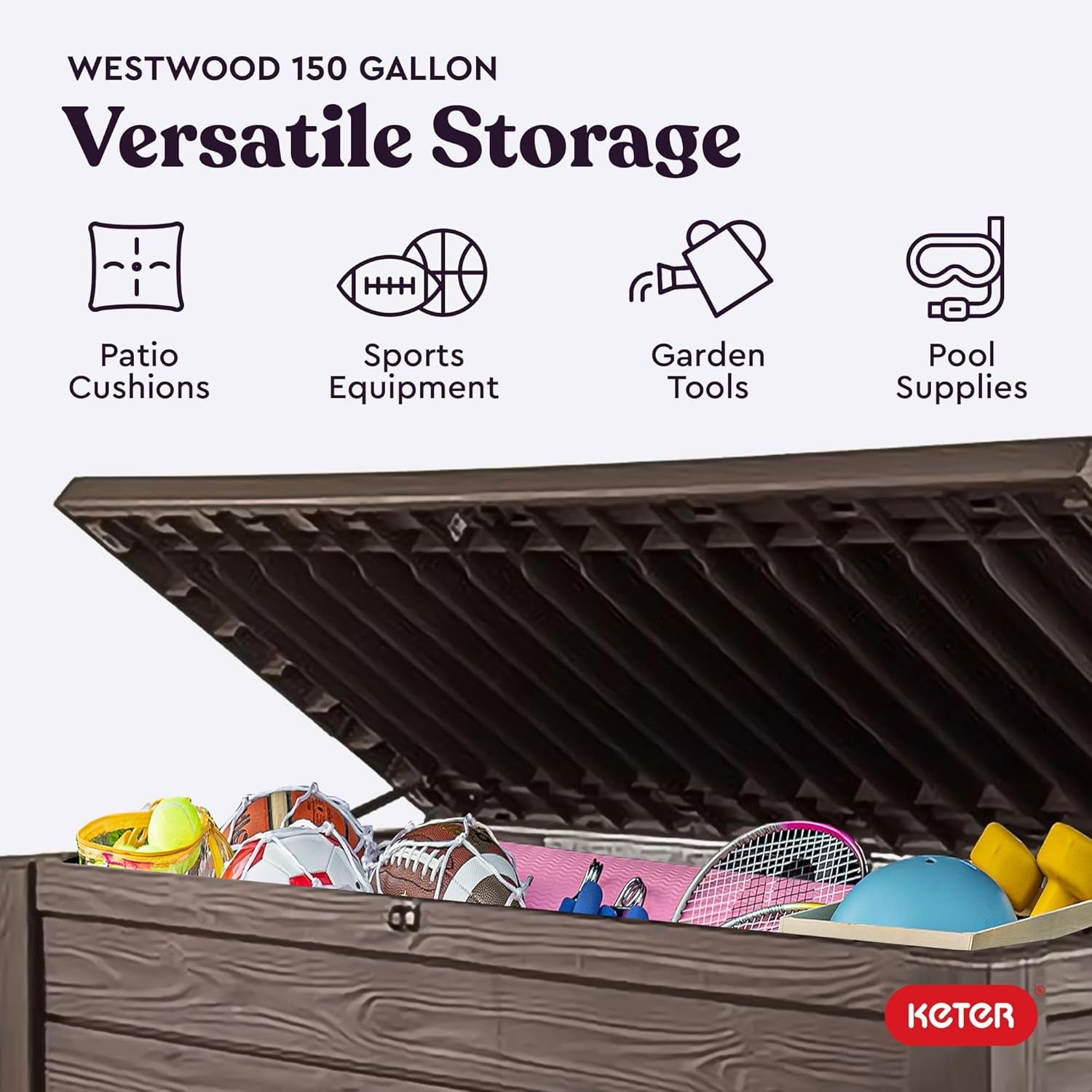 Keter 150 Gallon Resin Large Deck Box Organization and Storage Box for Patio, Outdoor Cushions, Garden Tools, Brown | Brown, Resin, Large, Weatherproof, Lockable, Hydraulic Pistons, Easy Assembly, Organization, Patio Cushions Storage