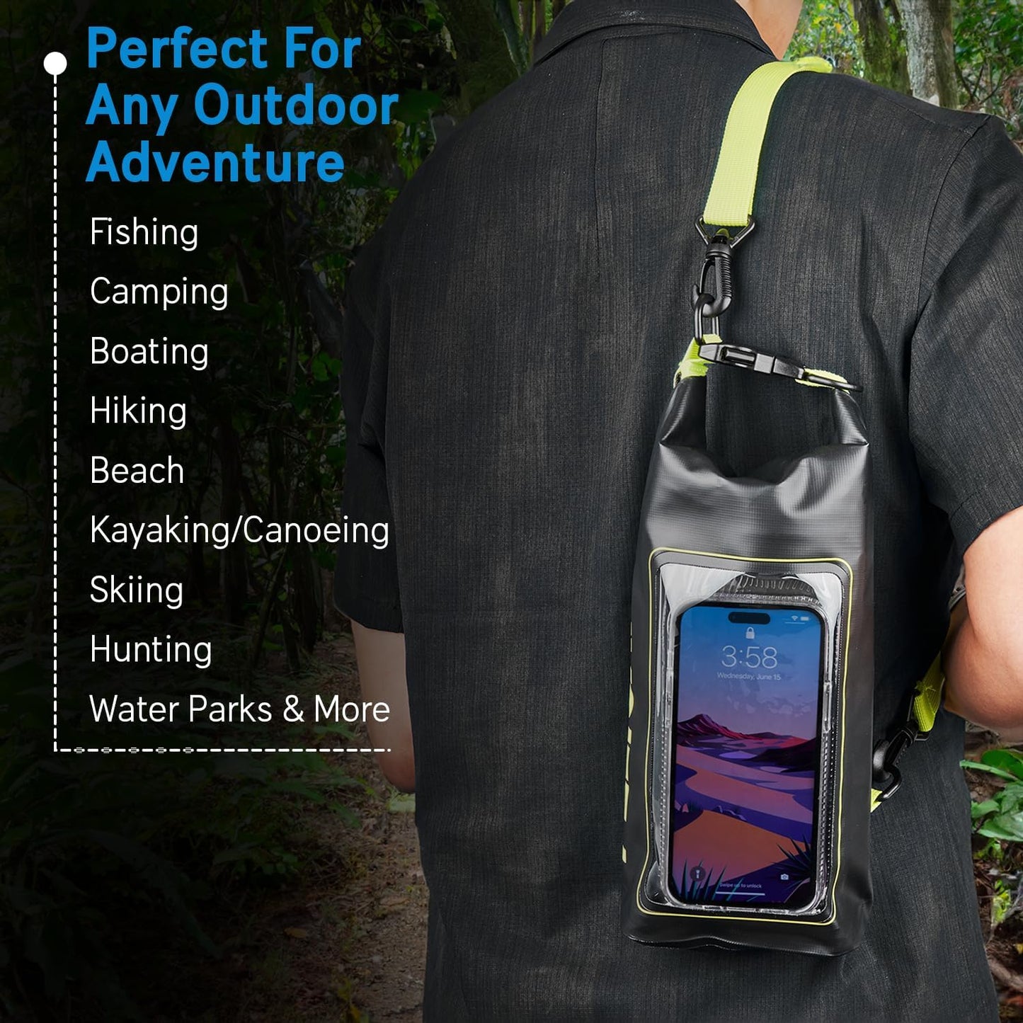 Pelican Marine IP68 Waterproof Dry Bag 2L W/Phone Pouch/Case - Black/Yellow | Roll Top Waterproof Backpack with Touchscreen Phone Pouch - Swimming, Kayaking, Camping, Rafting, Fishing & Travel Essentials