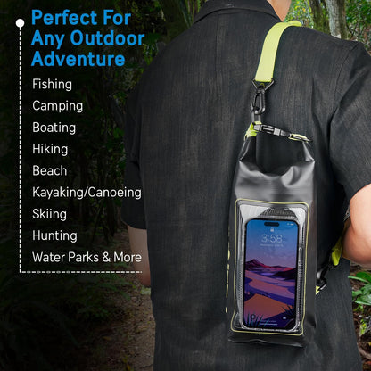 Pelican Marine IP68 Waterproof Dry Bag 2L W/Phone Pouch/Case - Black/Yellow | Roll Top Waterproof Backpack with Touchscreen Phone Pouch - Swimming, Kayaking, Camping, Rafting, Fishing & Travel Essentials