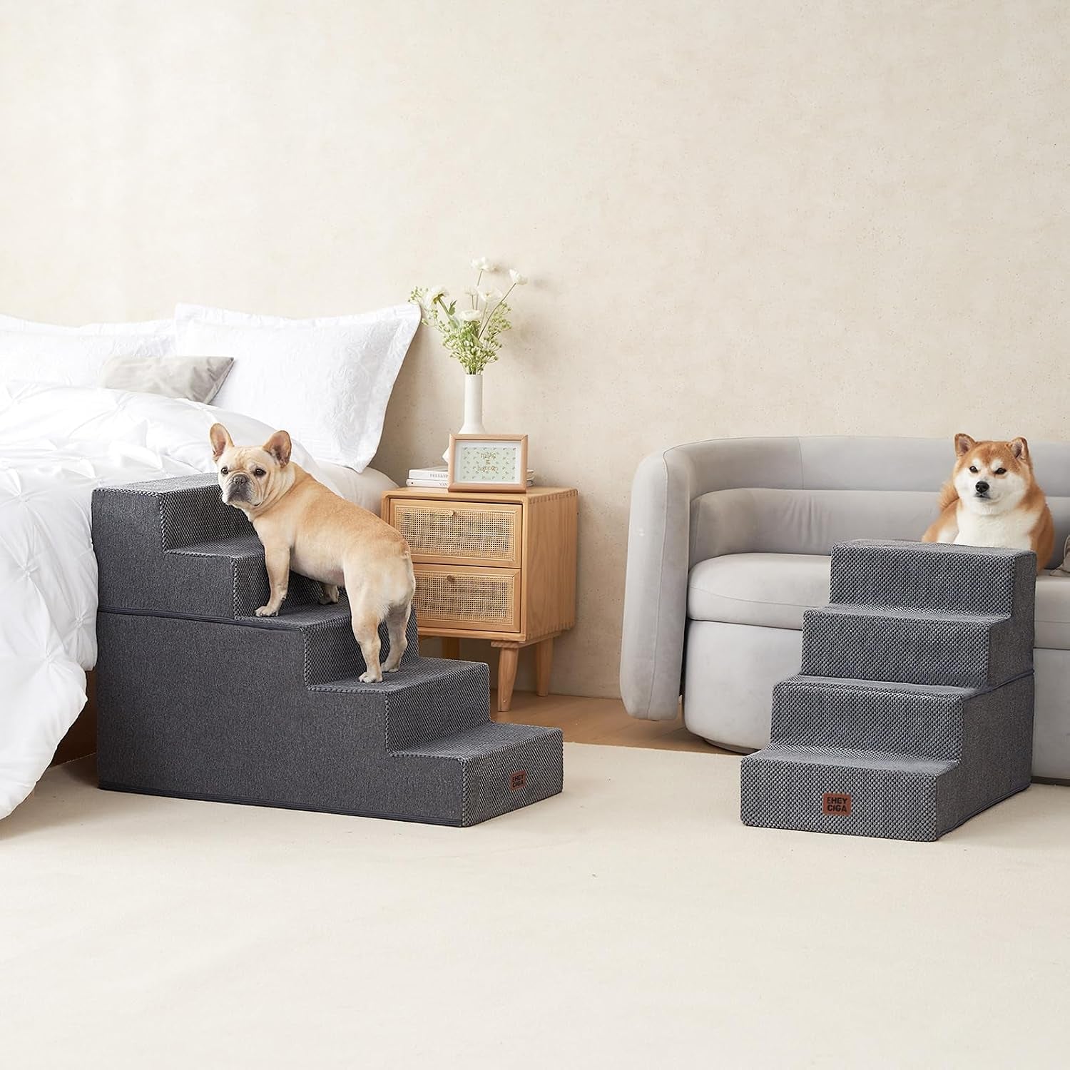 Dog Stairs for High Bed 25" H, 5-Step Extra Wide Dog Steps for Bed, Pet Steps for Small Dogs and Cats, Non-Slip Balanced Pet Ramp Indoor, Grey