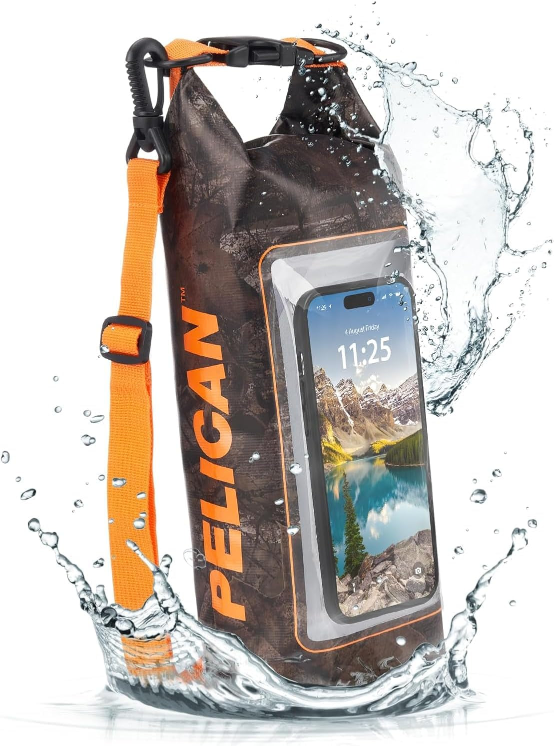 Pelican Marine IP68 Waterproof Dry Bag 2L W/Phone Pouch/Case - Hunter Camo | Roll Top Waterproof Backpack with Touchscreen Phone Pouch - Swimming, Kayaking, Camping, Rafting, Fishing & Travel Essentials