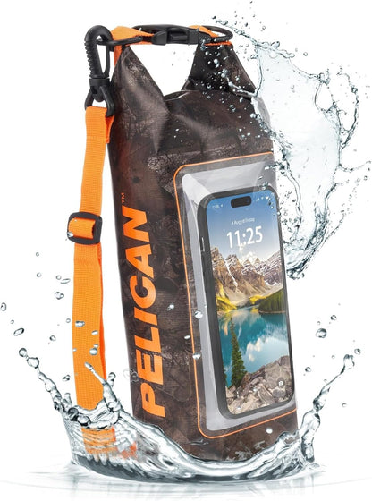 Pelican Marine IP68 Waterproof Dry Bag 2L W/Phone Pouch/Case - Hunter Camo | Roll Top Waterproof Backpack with Touchscreen Phone Pouch - Swimming, Kayaking, Camping, Rafting, Fishing & Travel Essentials
