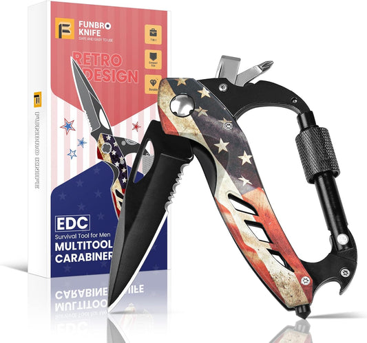 Multitool Carabiner Knife Tools for Men, Bottle Opener | Cool Gadgets Gear with Folding Knives, Window Breaker and Screwdriver for Hiking Camping, 7-In-1 Edc Multi Tool (Usa Flag)
