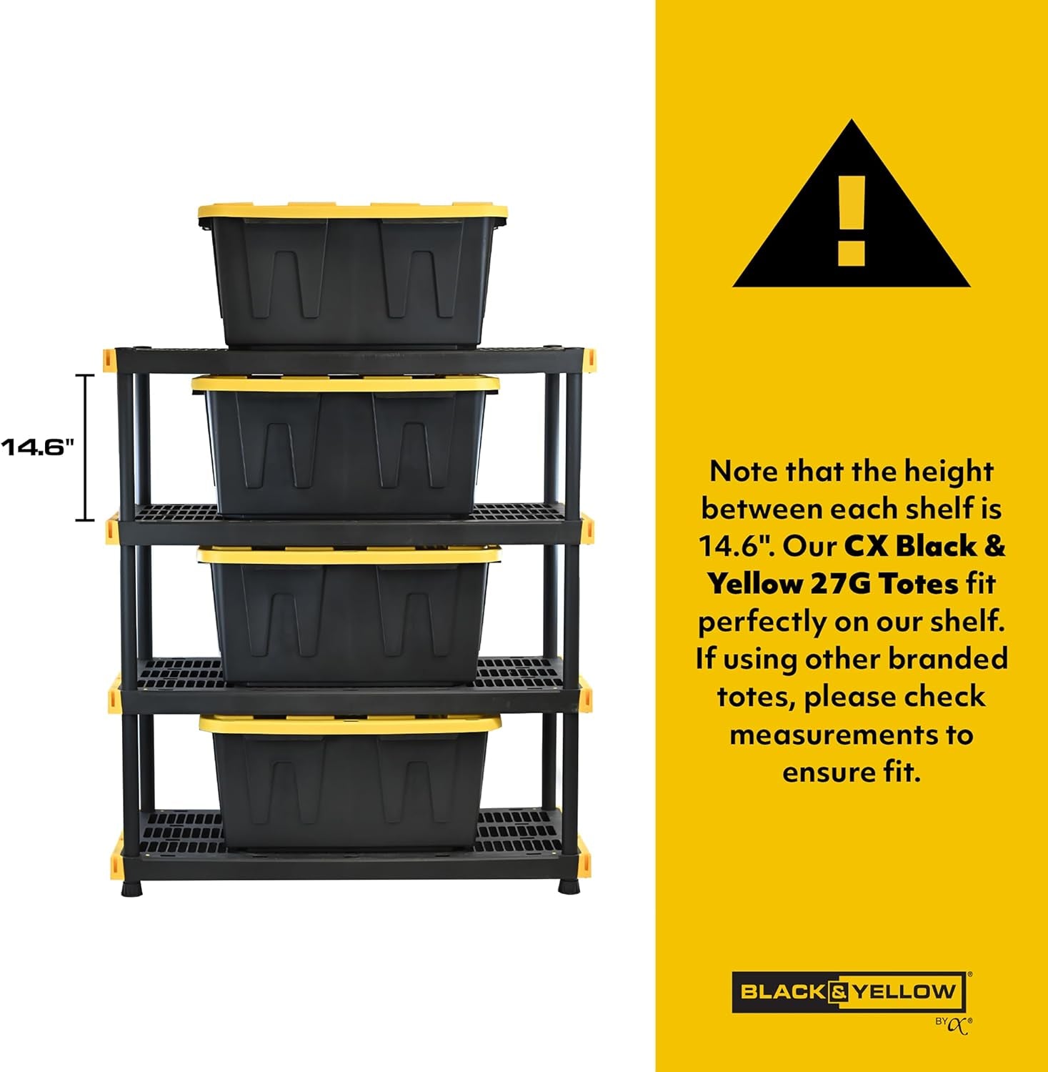 Black & Yellow 4-Tier Heavy Duty Storage Shelves and 8 Heavy Duty Storage Bins with Lids, 4 Shelves That Support up to 200Lbs/Shelf + 27 Gallon Containers (8-Pack), Organization and Storage