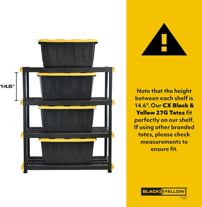 Black & Yellow 4-Tier Heavy Duty Storage Shelves and 8 Heavy Duty Storage Bins with Lids, 4 Shelves That Support up to 200Lbs/Shelf + 27 Gallon Containers (8-Pack), Organization and Storage